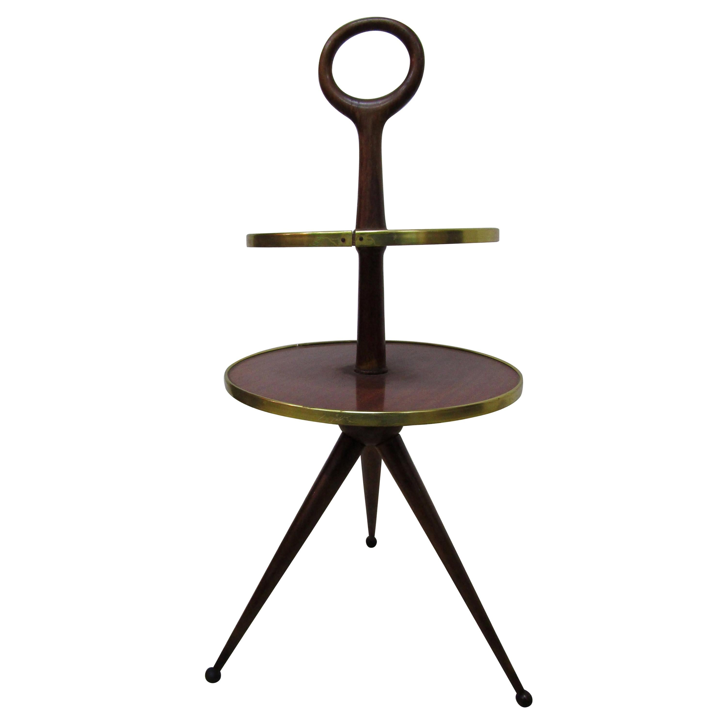 Cesare Lacca Midcentury Wood and Brass Italian Coffee Table with 2 Shelves 1950s For Sale