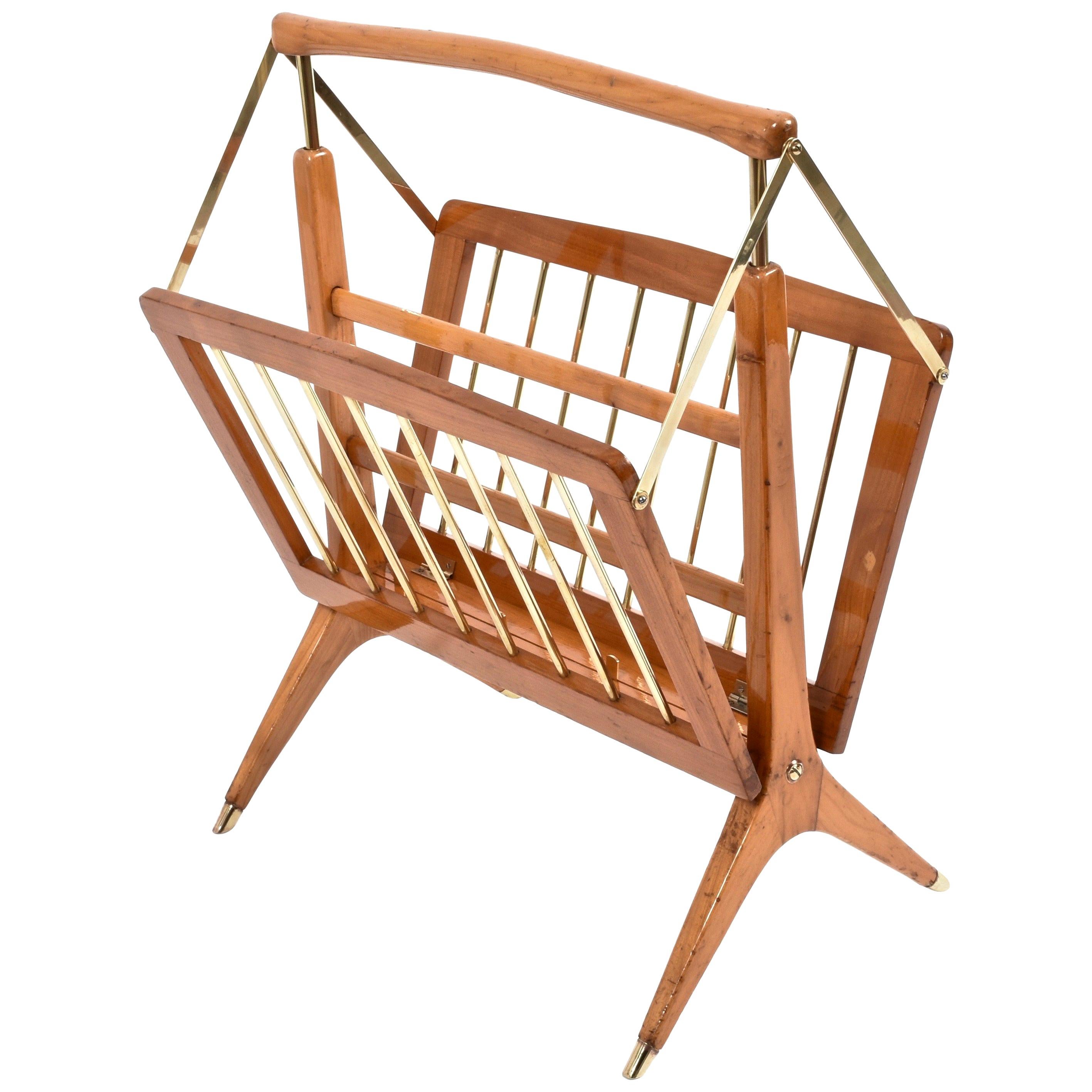 Cesare Lacca Midcentury Wood and Brass Italian Foldable Magazine Rack, 1950s