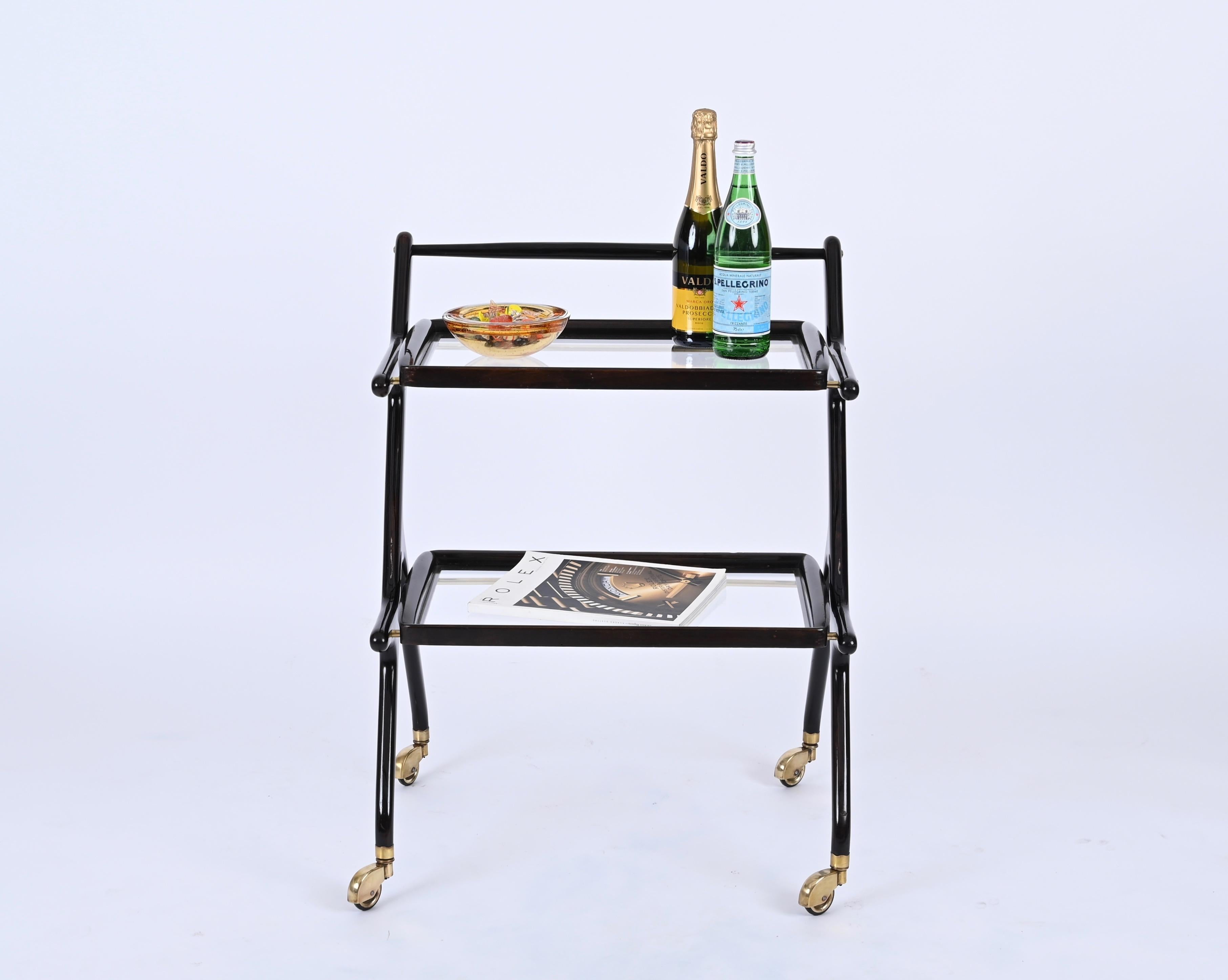Cesare Lacca Midcentury Wood and Glass Italian Trolley Bar Cart, 1950s For Sale 4