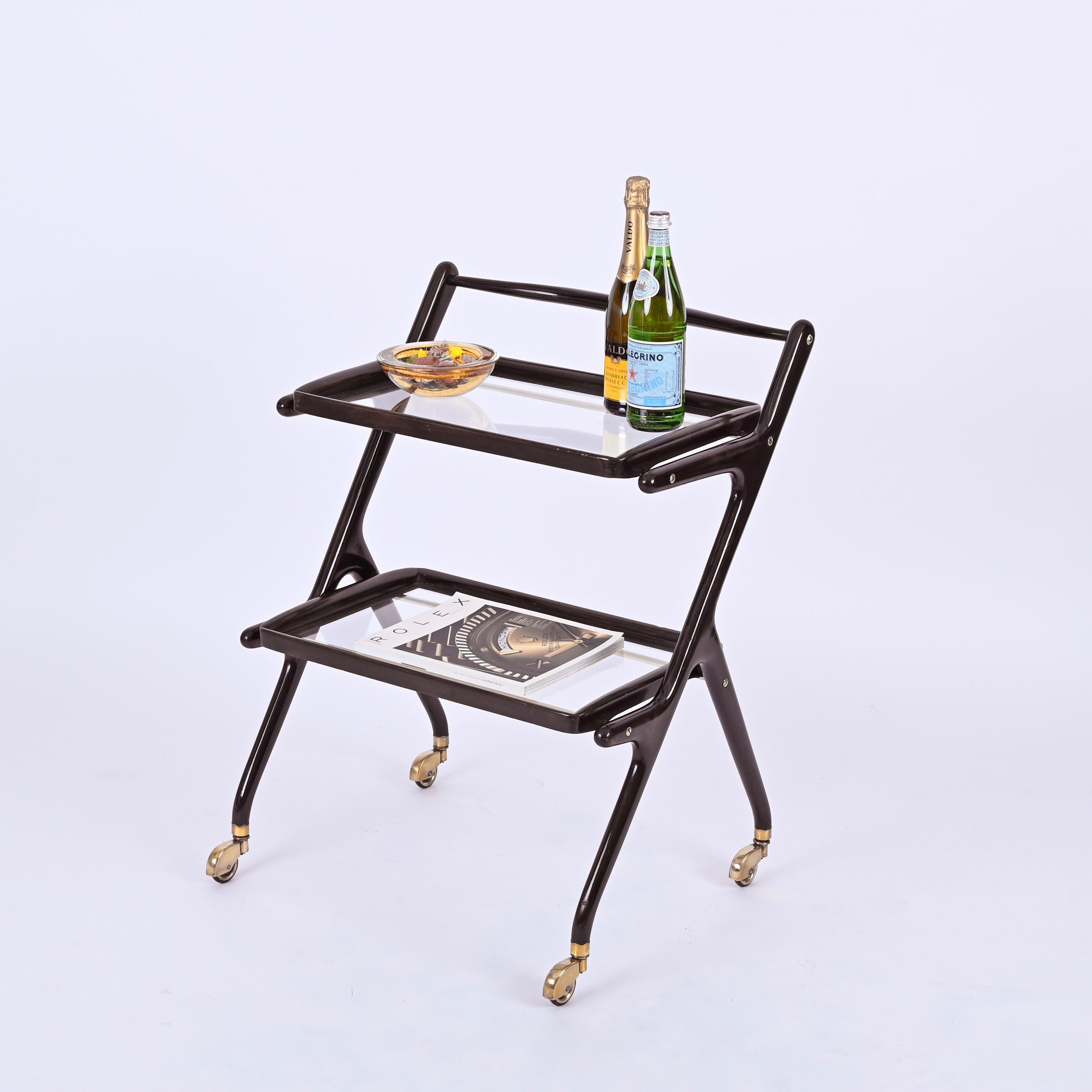 Cesare Lacca Midcentury Wood and Glass Italian Trolley Bar Cart, 1950s For Sale 5