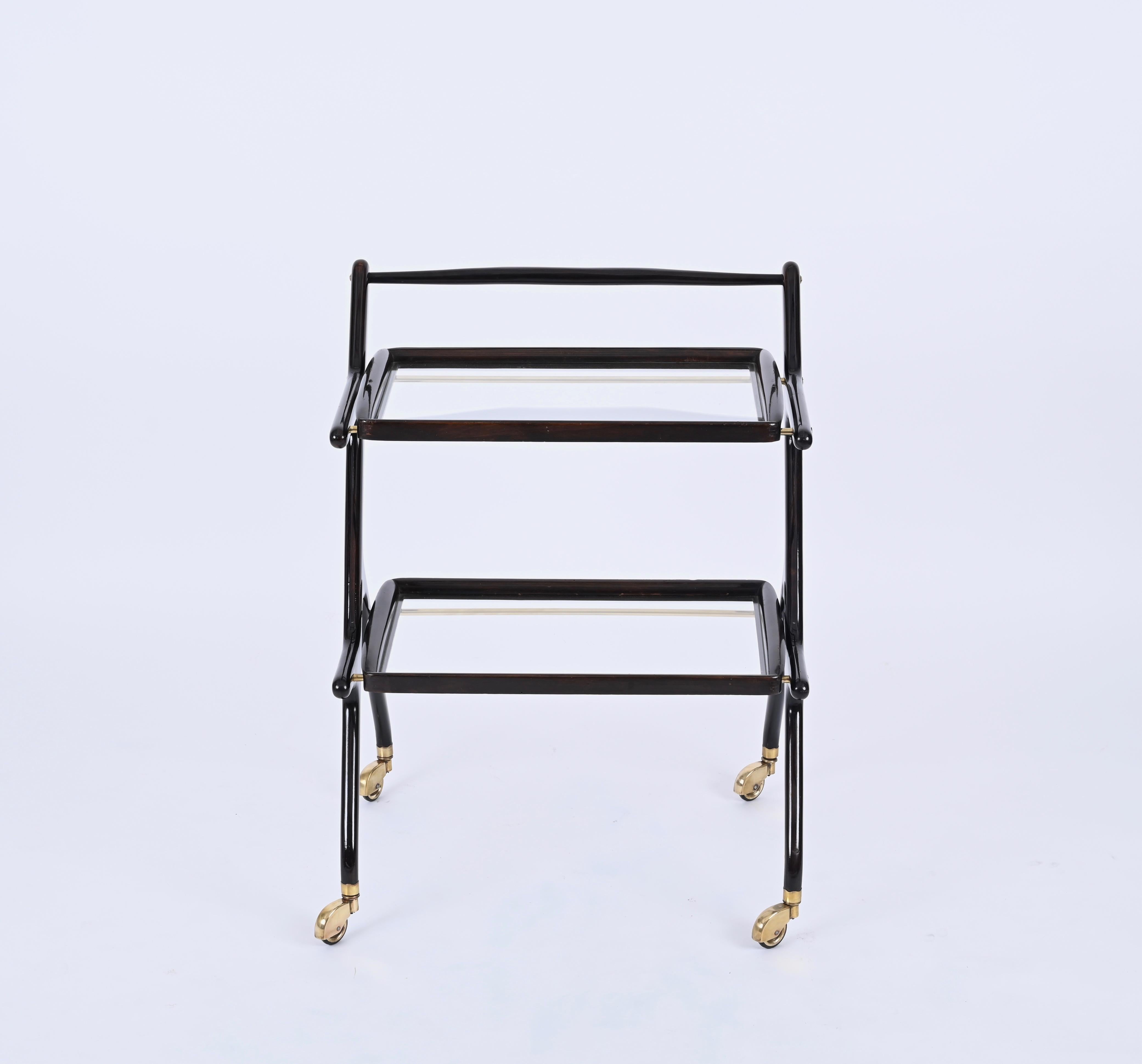 Mid-Century Modern Cesare Lacca Midcentury Wood and Glass Italian Trolley Bar Cart, 1950s For Sale