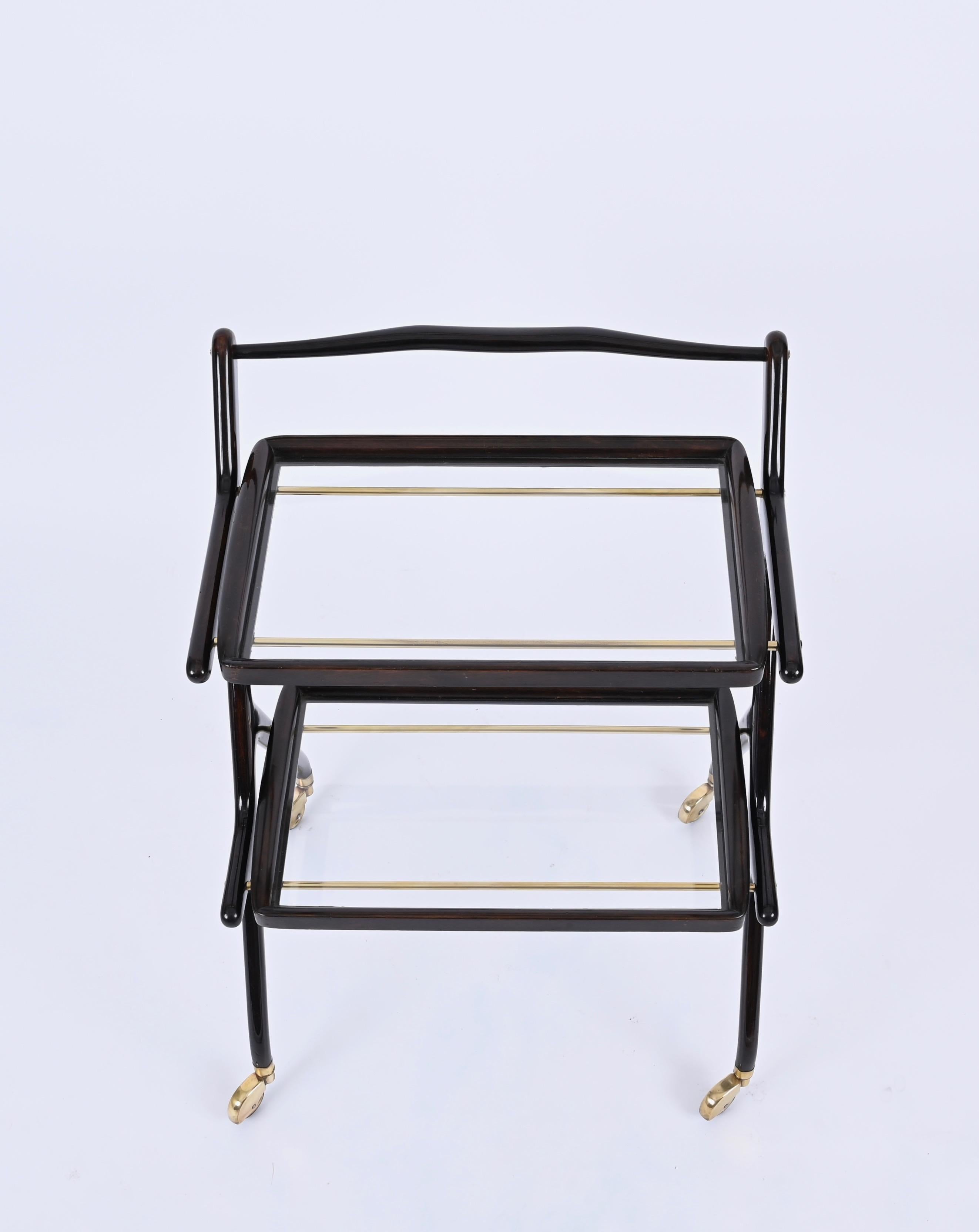 Hand-Crafted Cesare Lacca Midcentury Wood and Glass Italian Trolley Bar Cart, 1950s For Sale