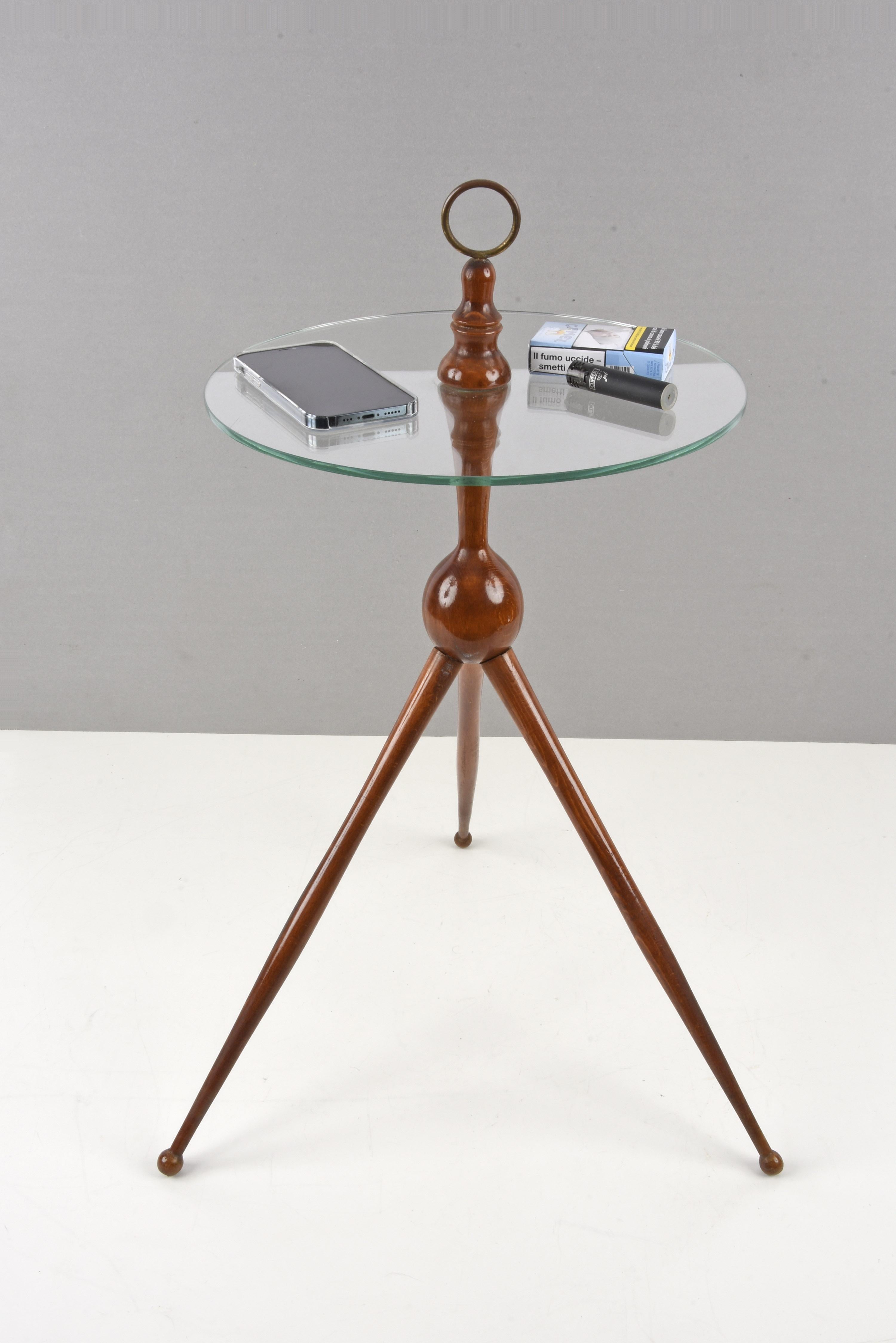 Cesare Lacca Midcentury Wood and Glass Tripod Italian Coffee Table, 1950s 6