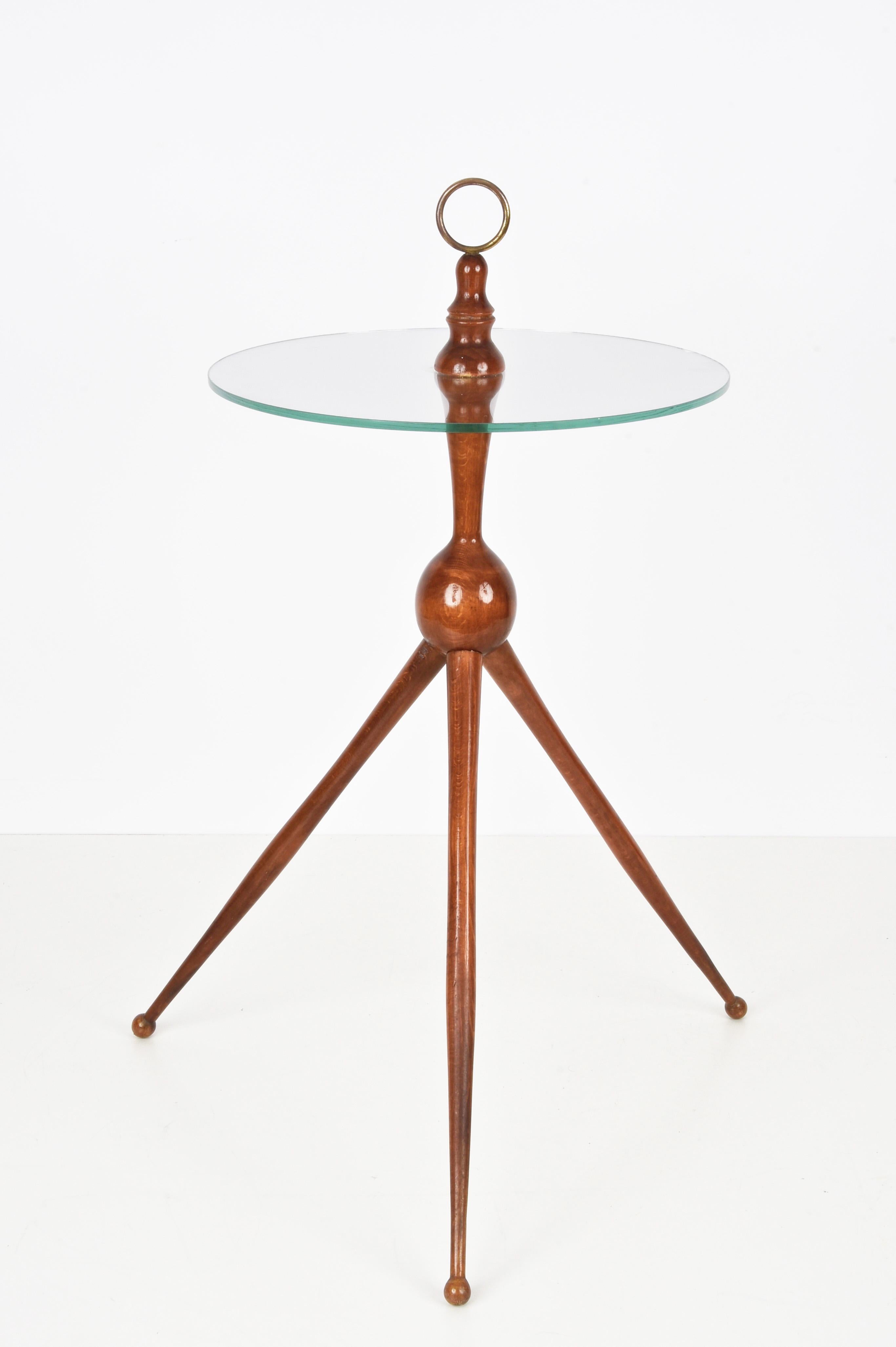 Mid-20th Century Cesare Lacca Midcentury Wood and Glass Tripod Italian Coffee Table, 1950s