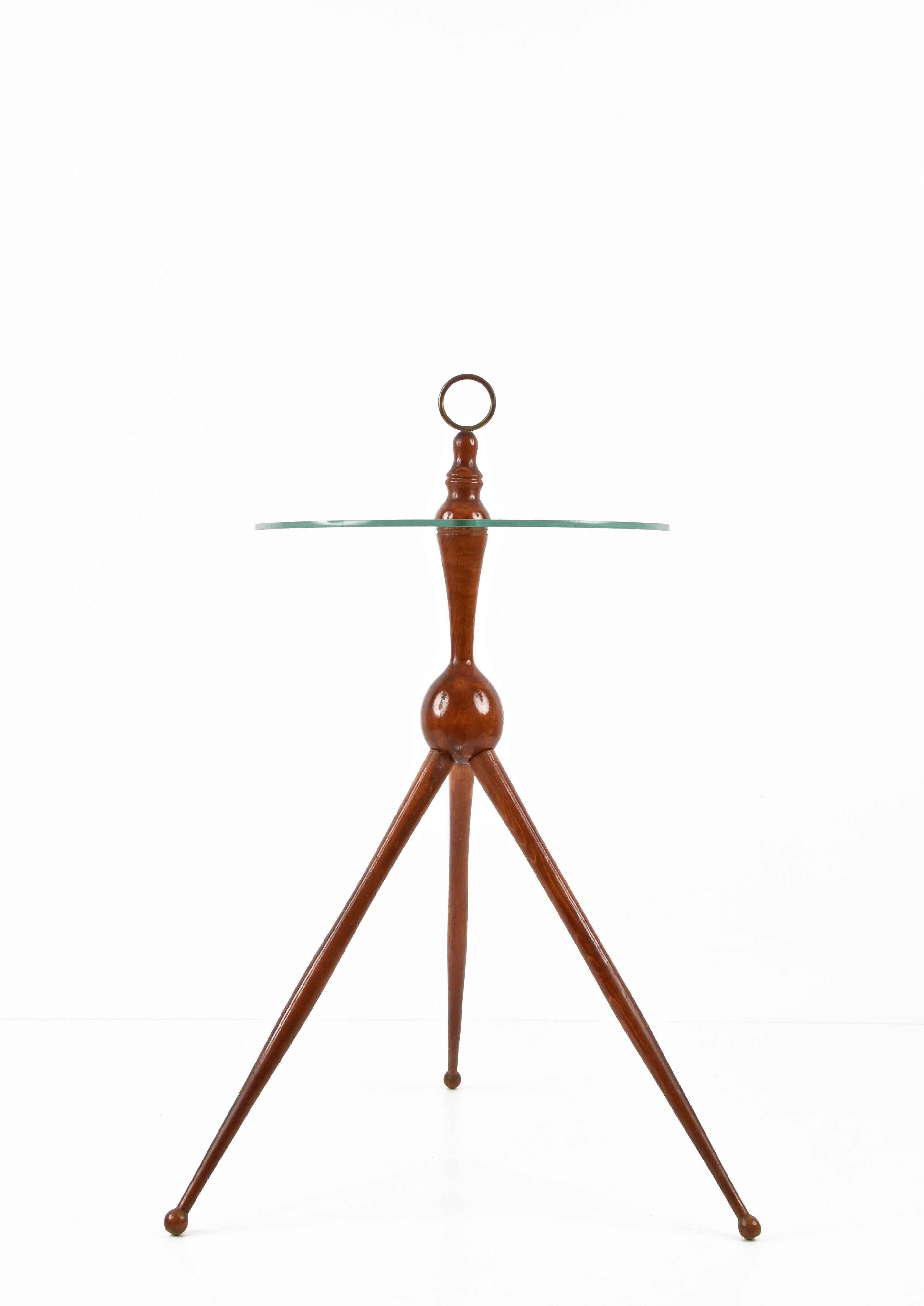 Cesare Lacca Midcentury Wood and Glass Tripod Italian Coffee Table, 1950s 1