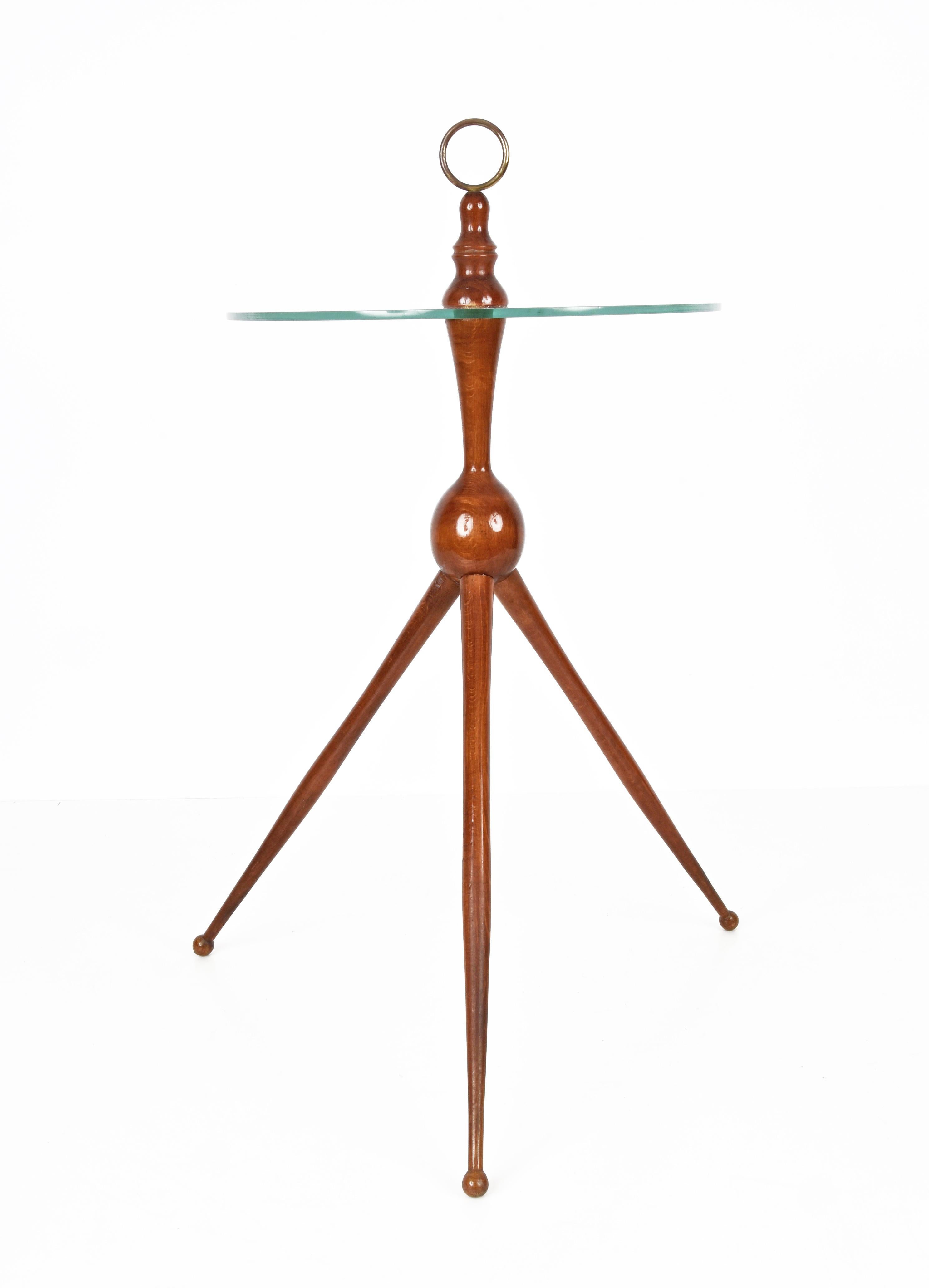 Cesare Lacca Midcentury Wood and Glass Tripod Italian Coffee Table, 1950s 2