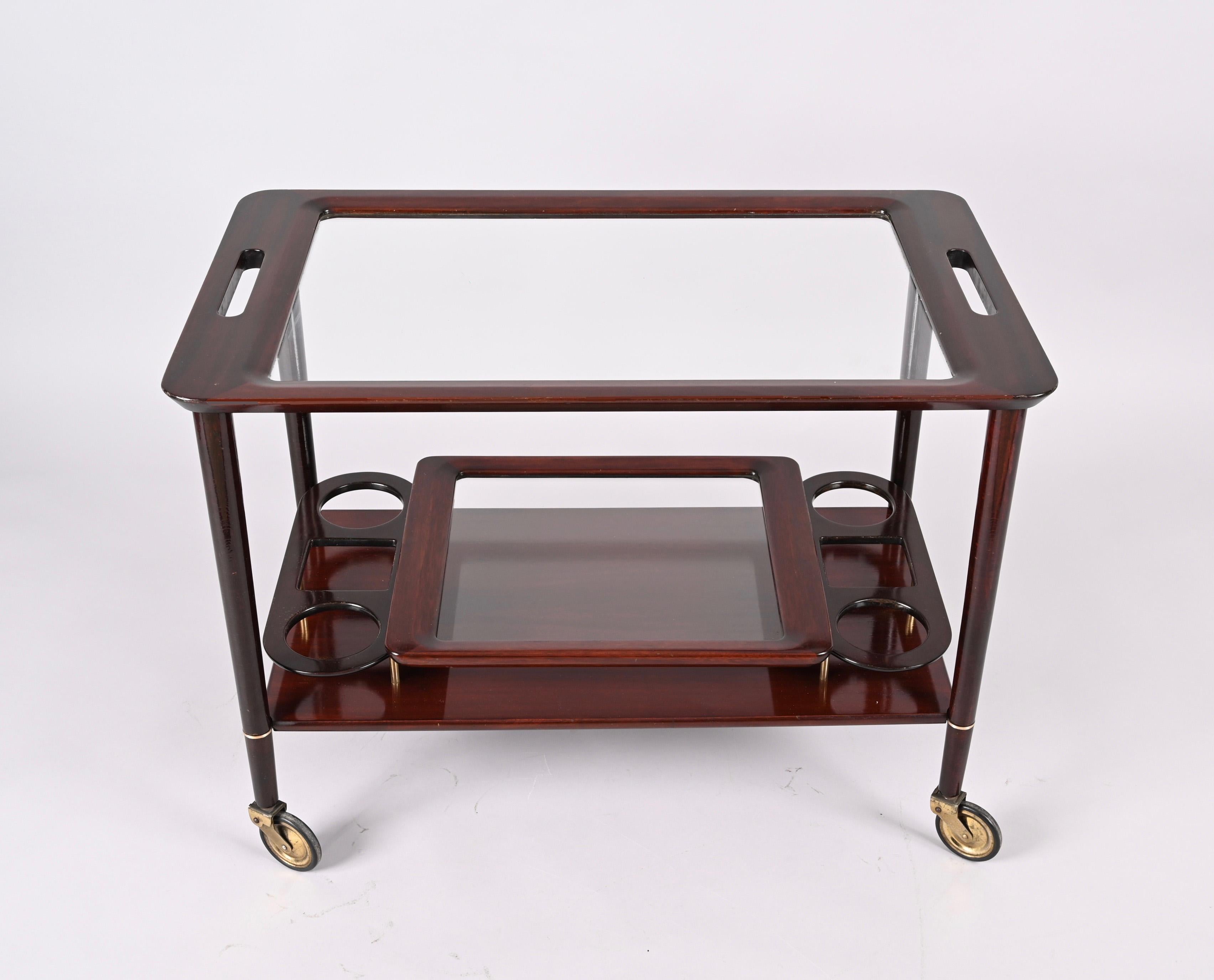 Cesare Lacca Midcentury Wood Italian Bar Cart with Glass Serving Trays, 1950s For Sale 4