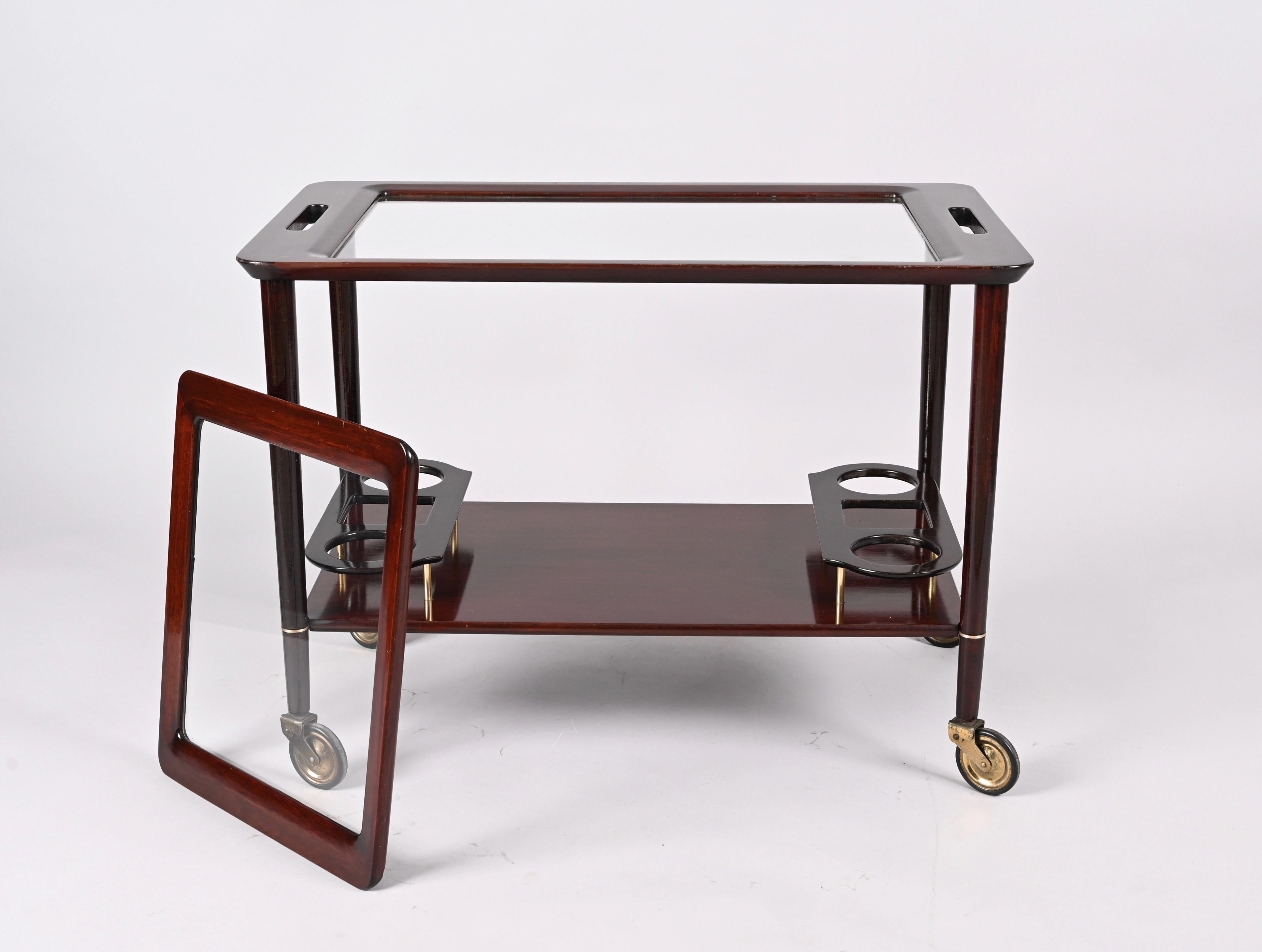 Cesare Lacca Midcentury Wood Italian Bar Cart with Glass Serving Trays, 1950s For Sale 5