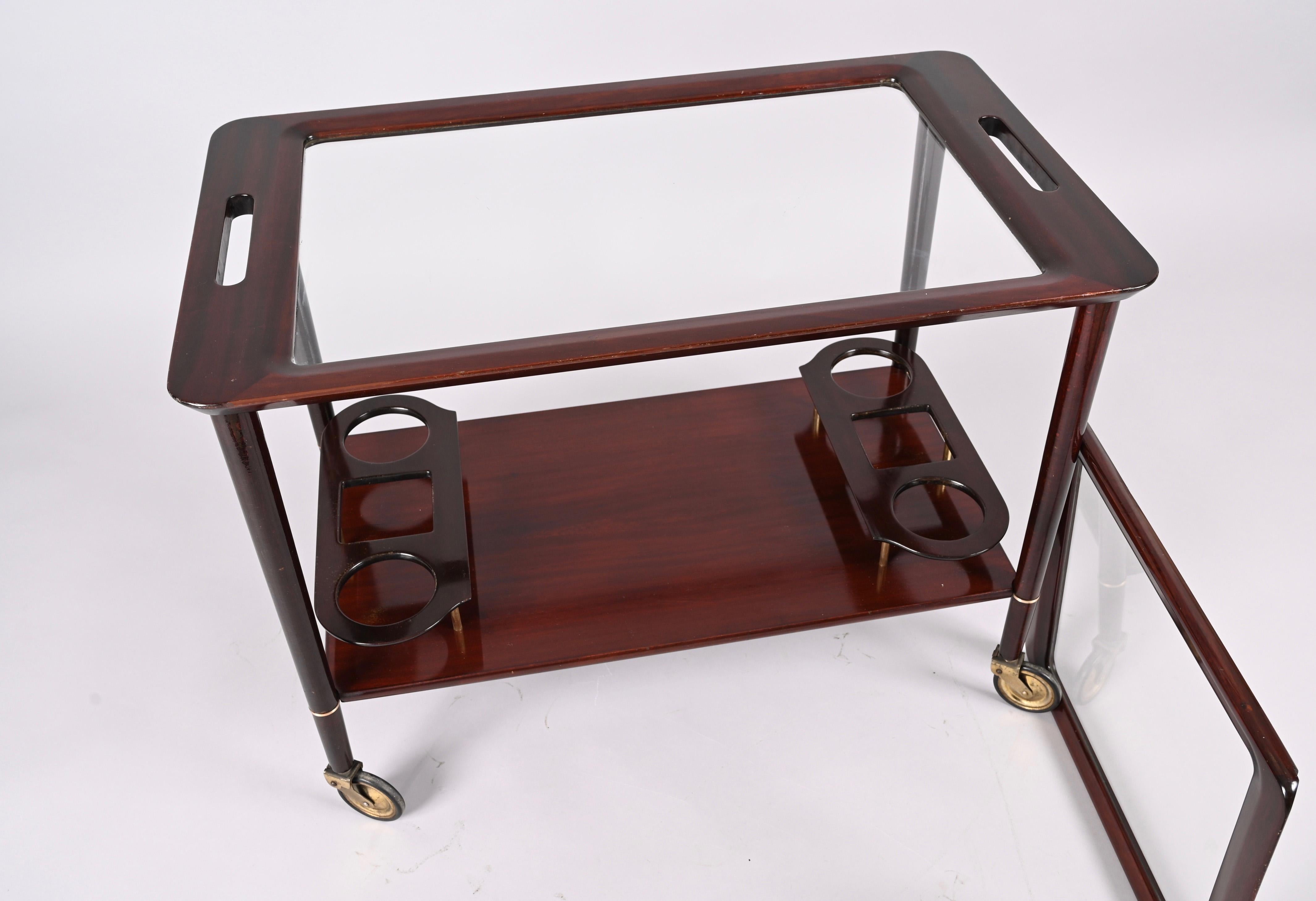 Cesare Lacca Midcentury Wood Italian Bar Cart with Glass Serving Trays, 1950s For Sale 6