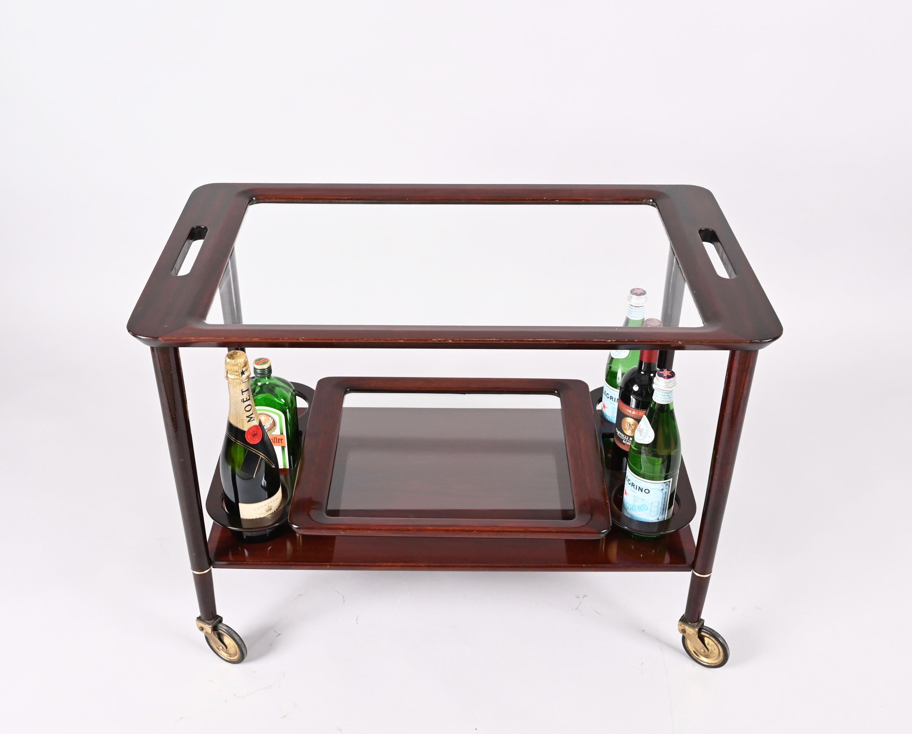 Cesare Lacca Midcentury Wood Italian Bar Cart with Glass Serving Trays, 1950s For Sale 7