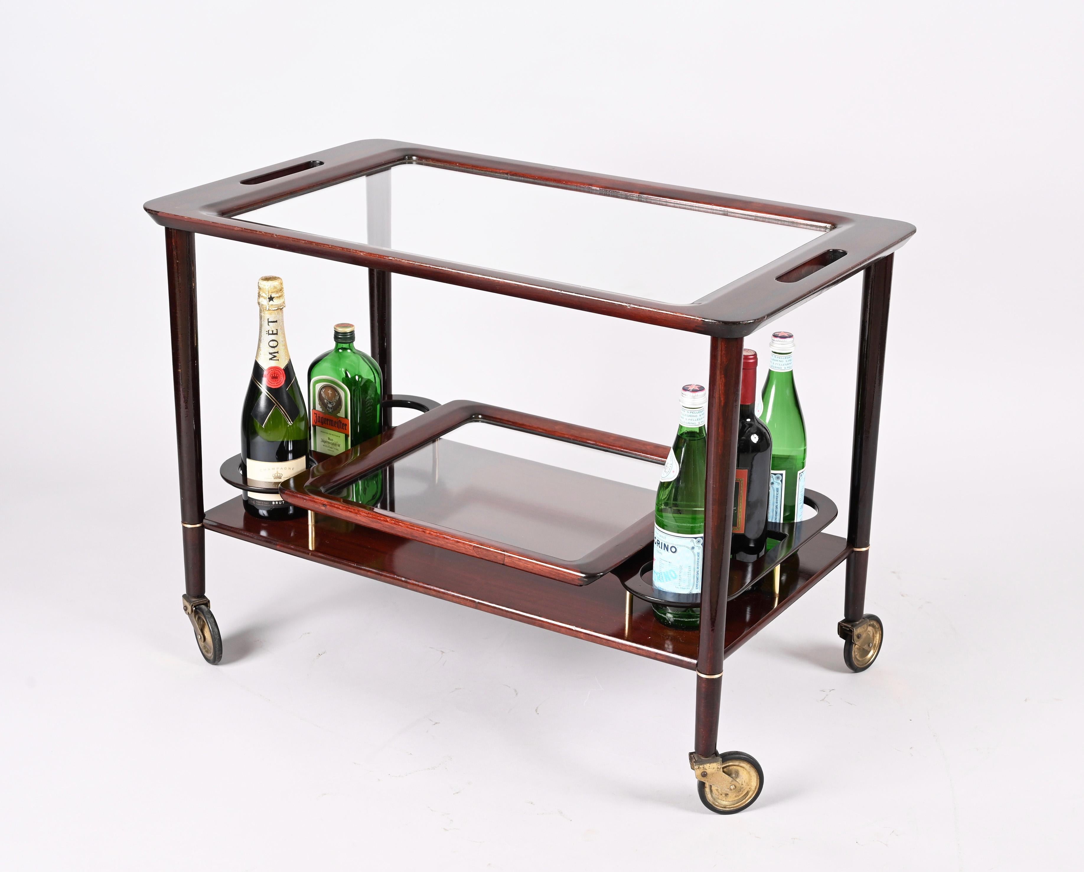 Cesare Lacca Midcentury Wood Italian Bar Cart with Glass Serving Trays, 1950s For Sale 8