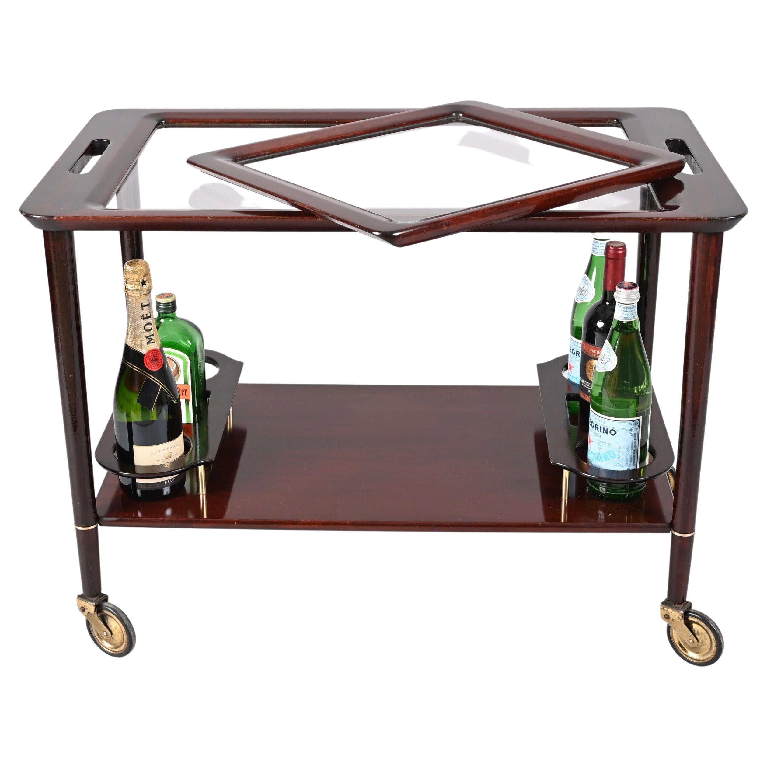 Cesare Lacca Midcentury Wood Italian Bar Cart with Glass Serving Trays, 1950s For Sale 9