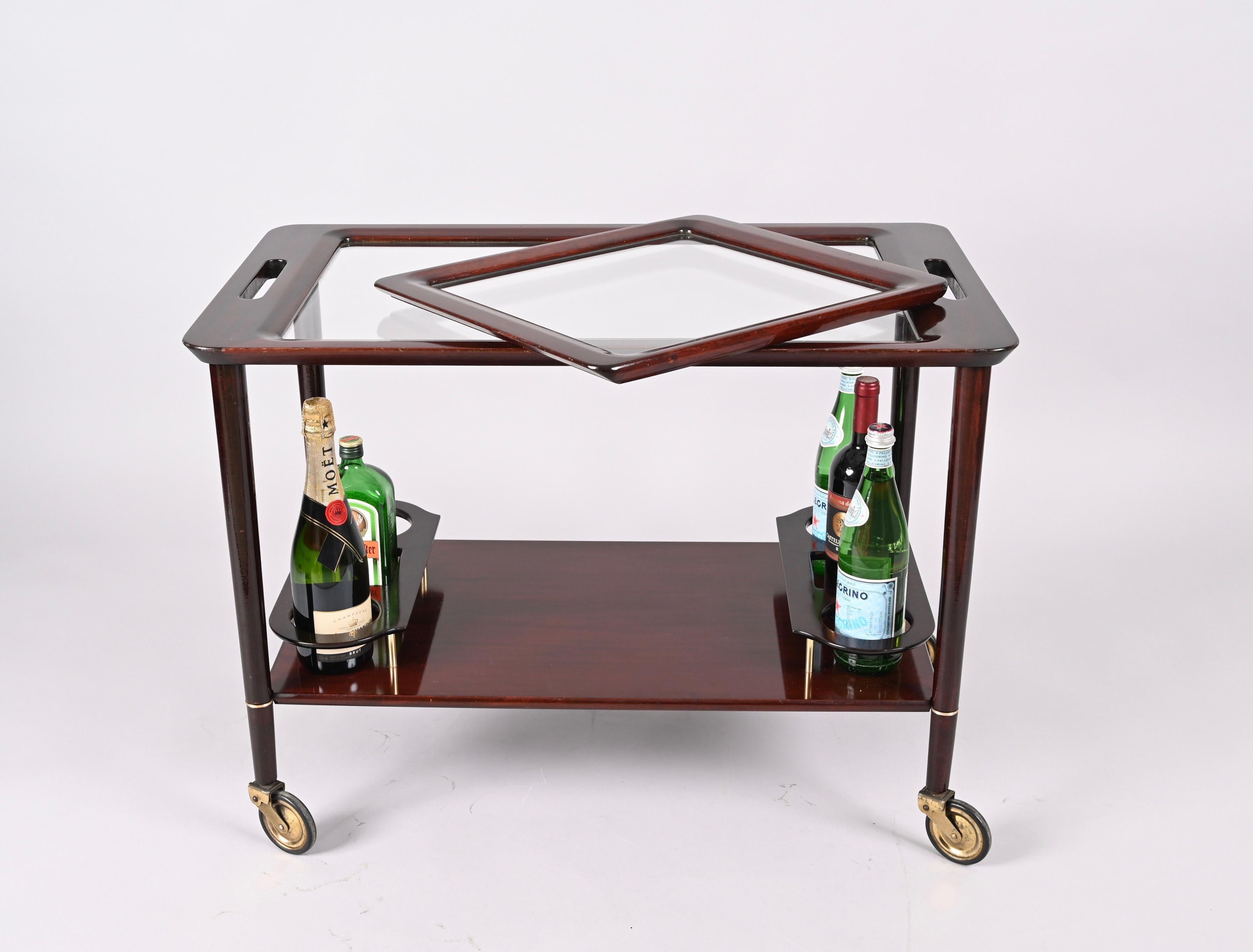 Cesare Lacca Midcentury Wood Italian Bar Cart with Glass Serving Trays, 1950s For Sale 10