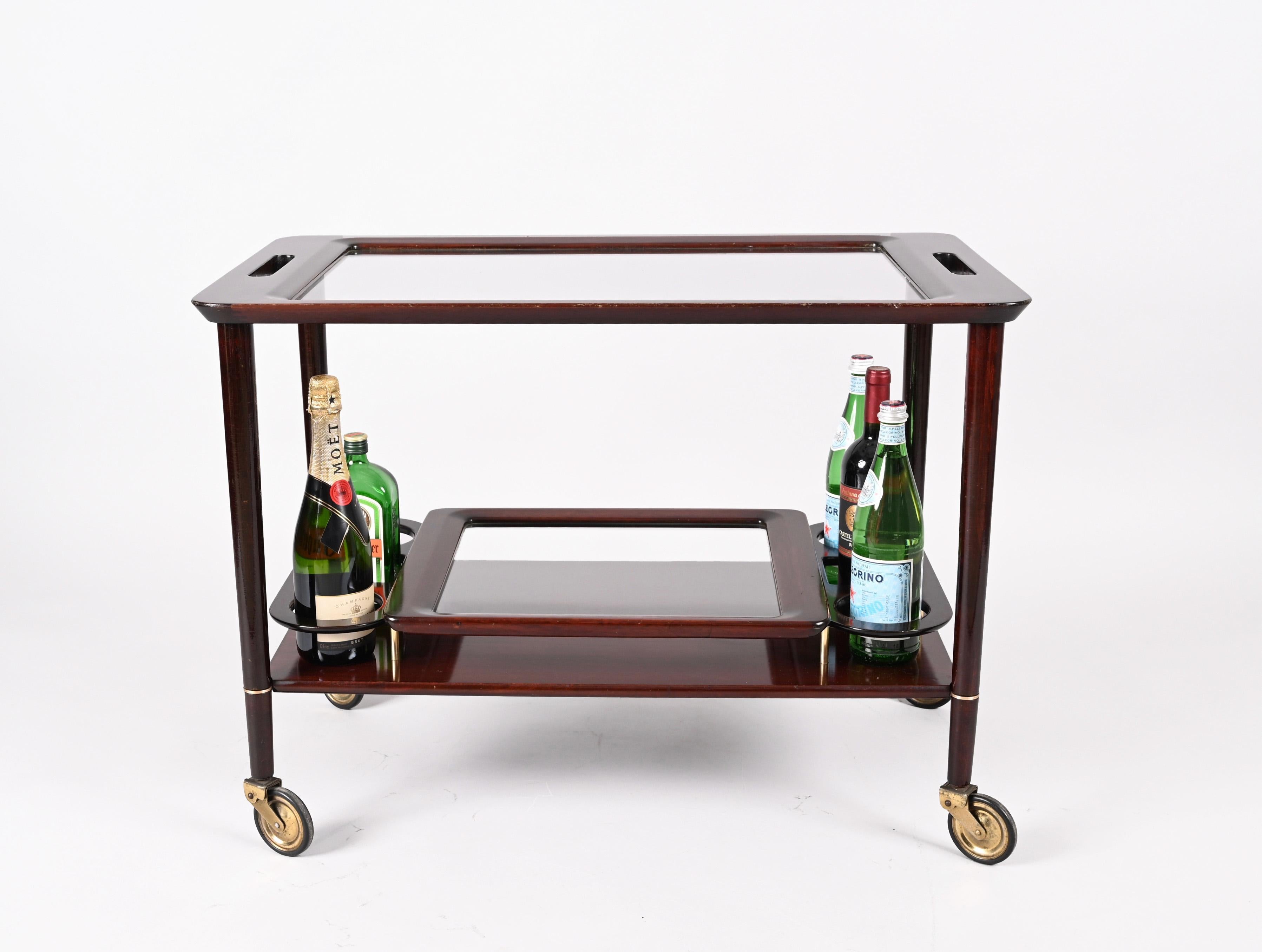 Cesare Lacca Midcentury Wood Italian Bar Cart with Glass Serving Trays, 1950s For Sale 11