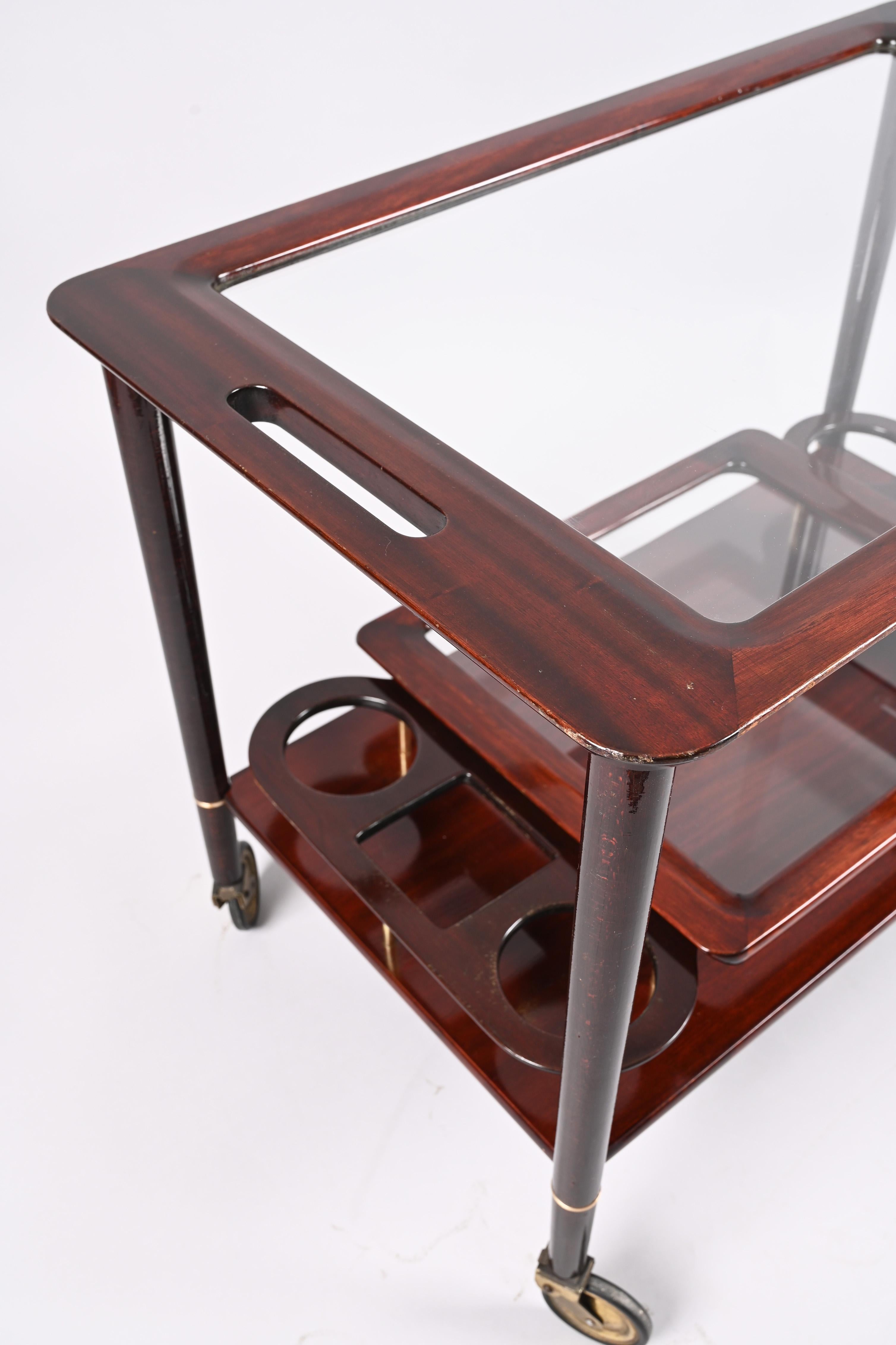 Cesare Lacca Midcentury Wood Italian Bar Cart with Glass Serving Trays, 1950s For Sale 12