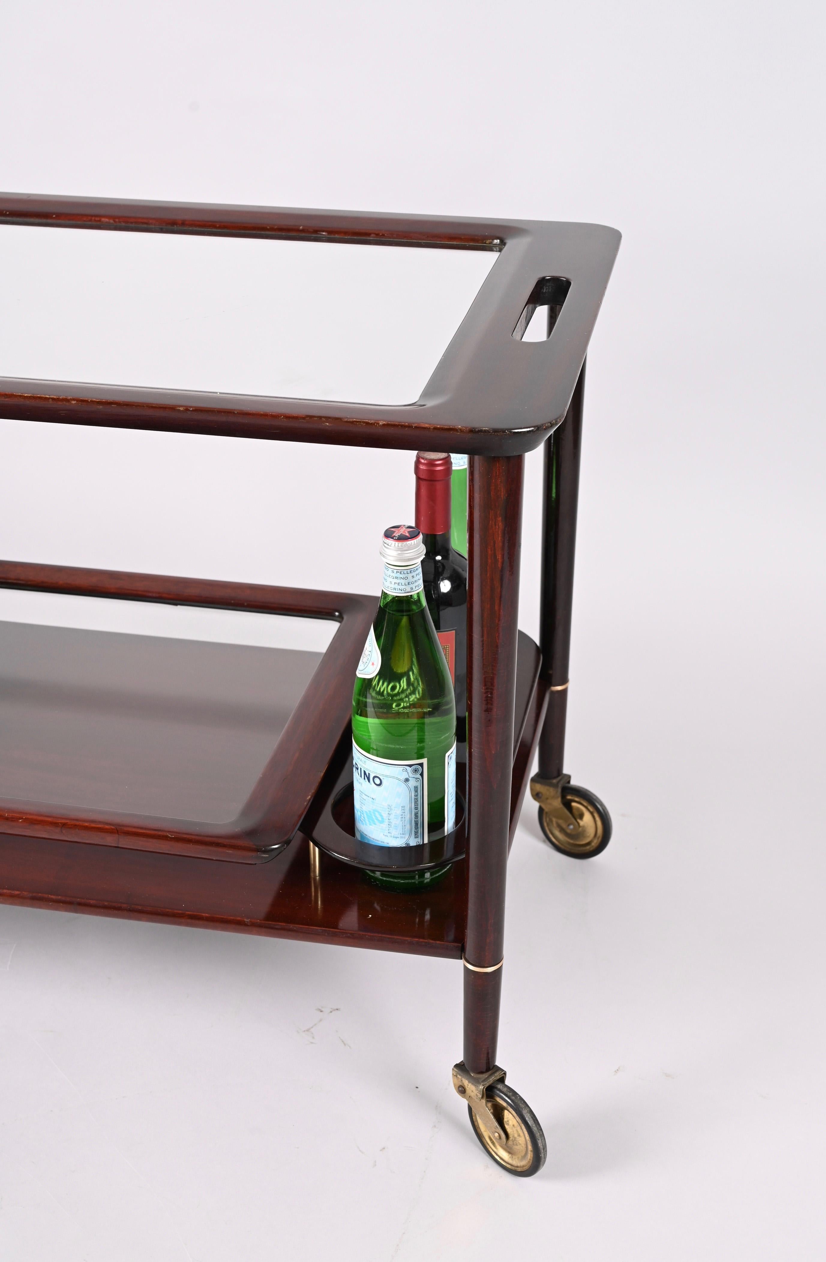 Cesare Lacca Midcentury Wood Italian Bar Cart with Glass Serving Trays, 1950s For Sale 13