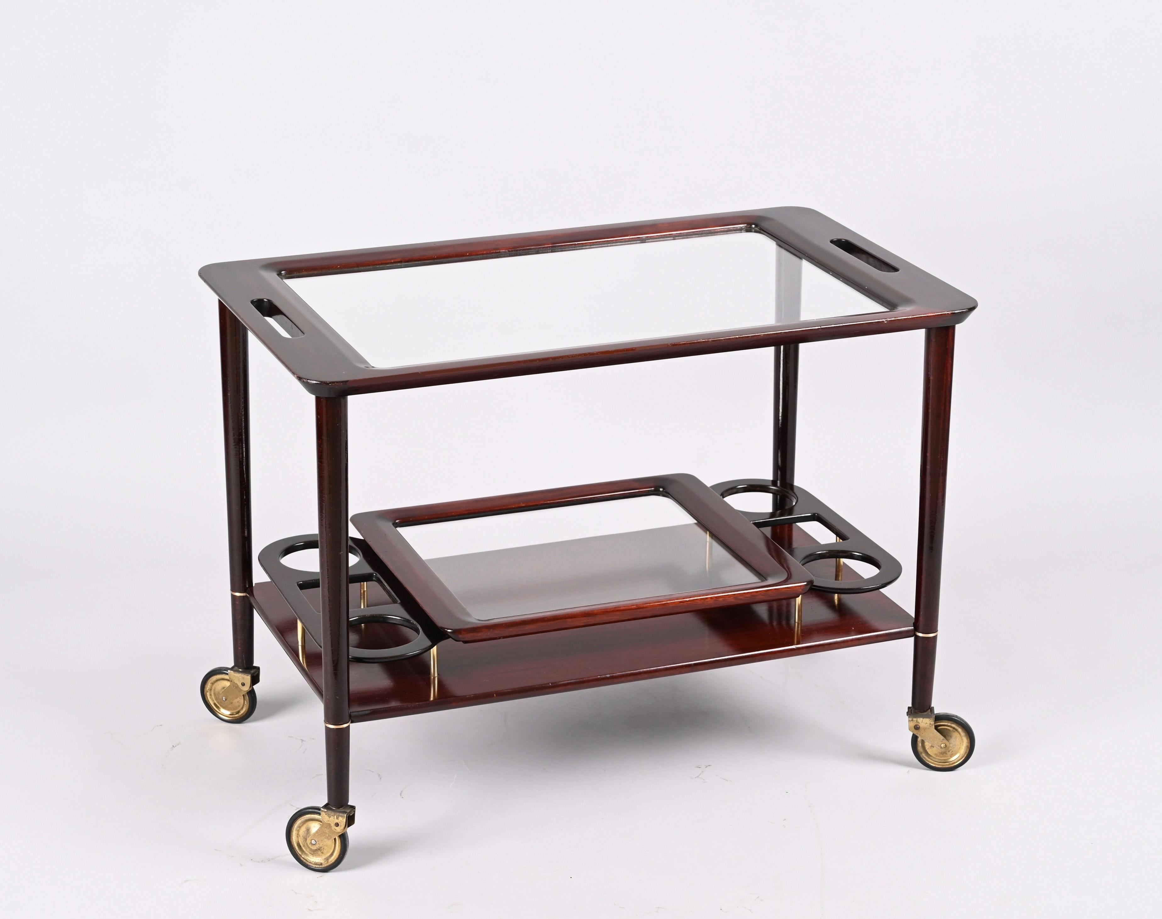 Mid-Century Modern Cesare Lacca Midcentury Wood Italian Bar Cart with Glass Serving Trays, 1950s For Sale