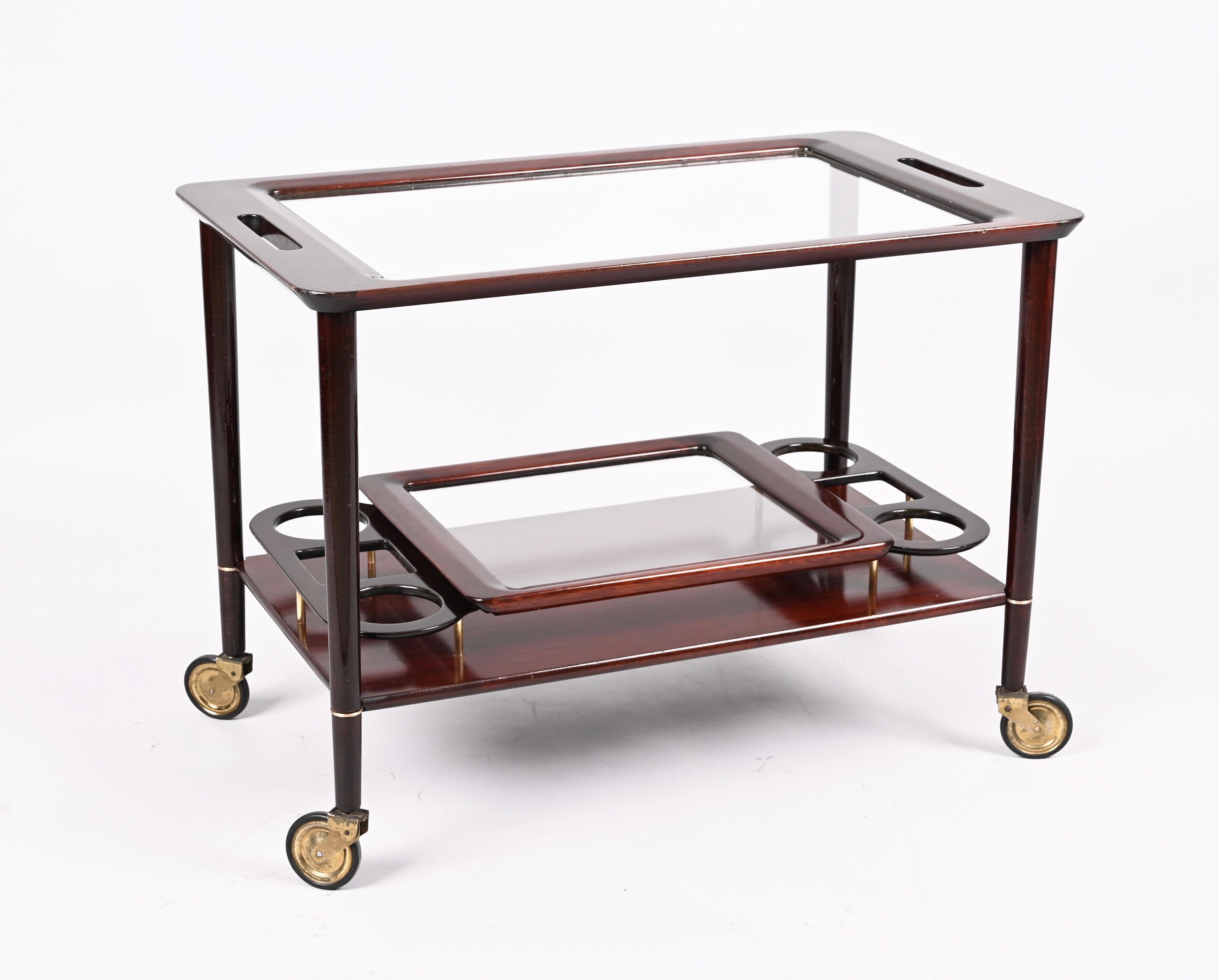 Cesare Lacca Midcentury Wood Italian Bar Cart with Glass Serving Trays, 1950s In Good Condition For Sale In Roma, IT