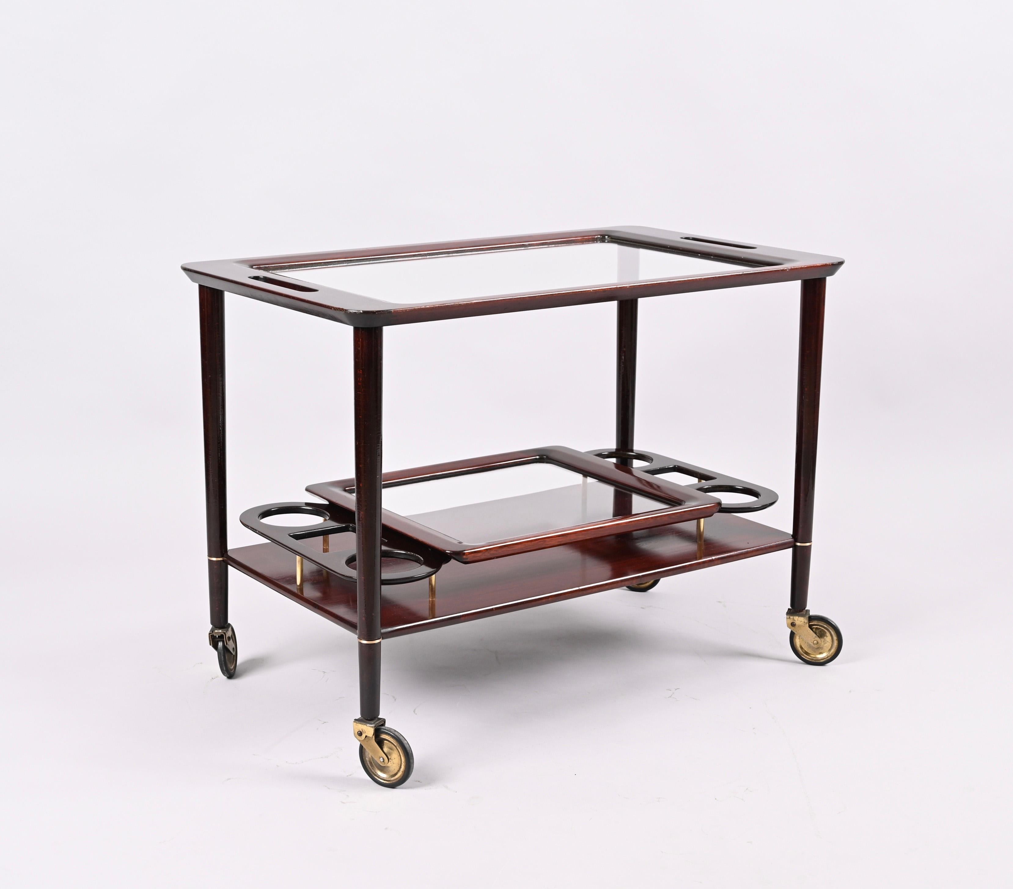 20th Century Cesare Lacca Midcentury Wood Italian Bar Cart with Glass Serving Trays, 1950s For Sale