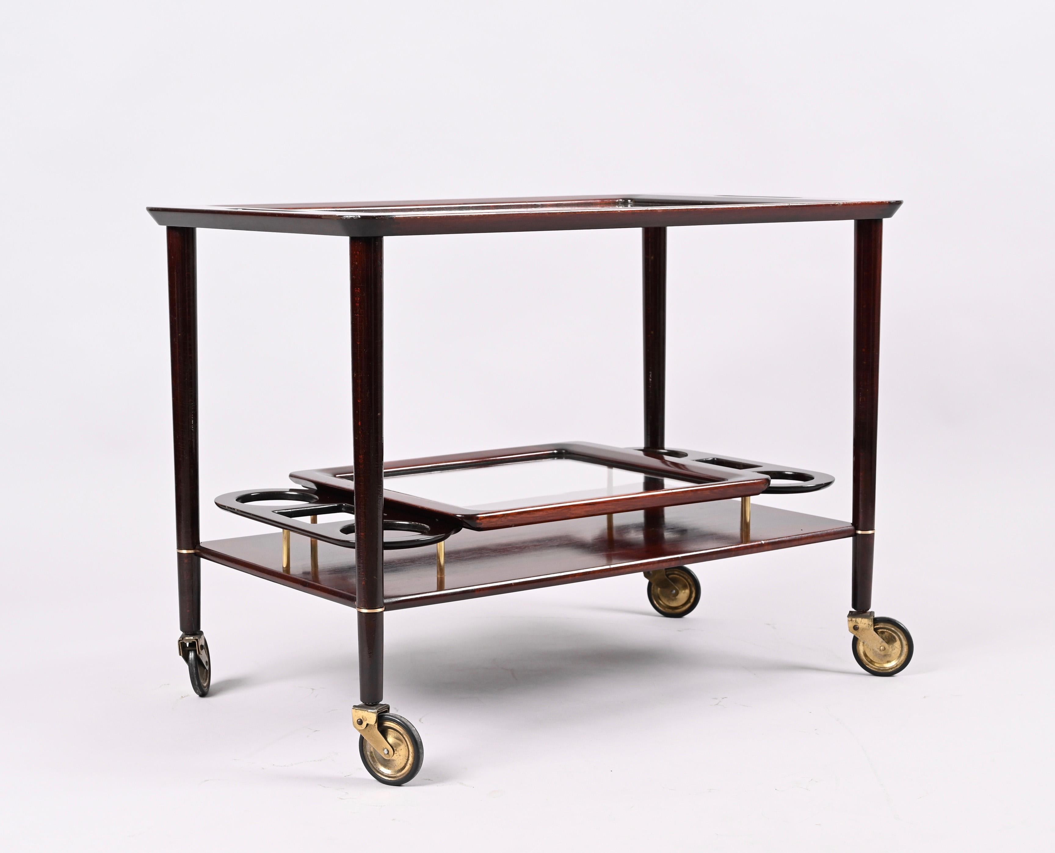 Brass Cesare Lacca Midcentury Wood Italian Bar Cart with Glass Serving Trays, 1950s For Sale