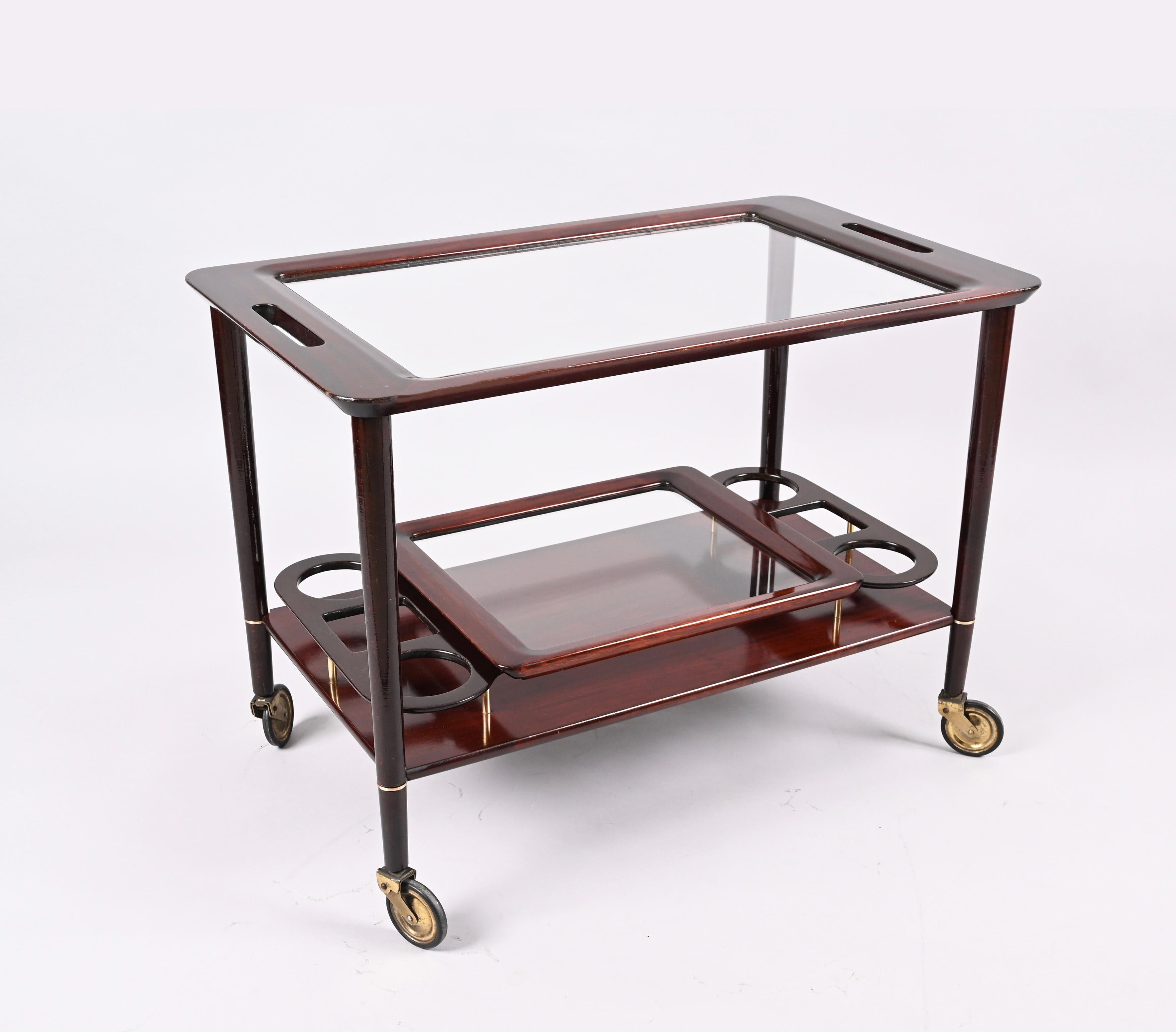 Cesare Lacca Midcentury Wood Italian Bar Cart with Glass Serving Trays, 1950s For Sale 1
