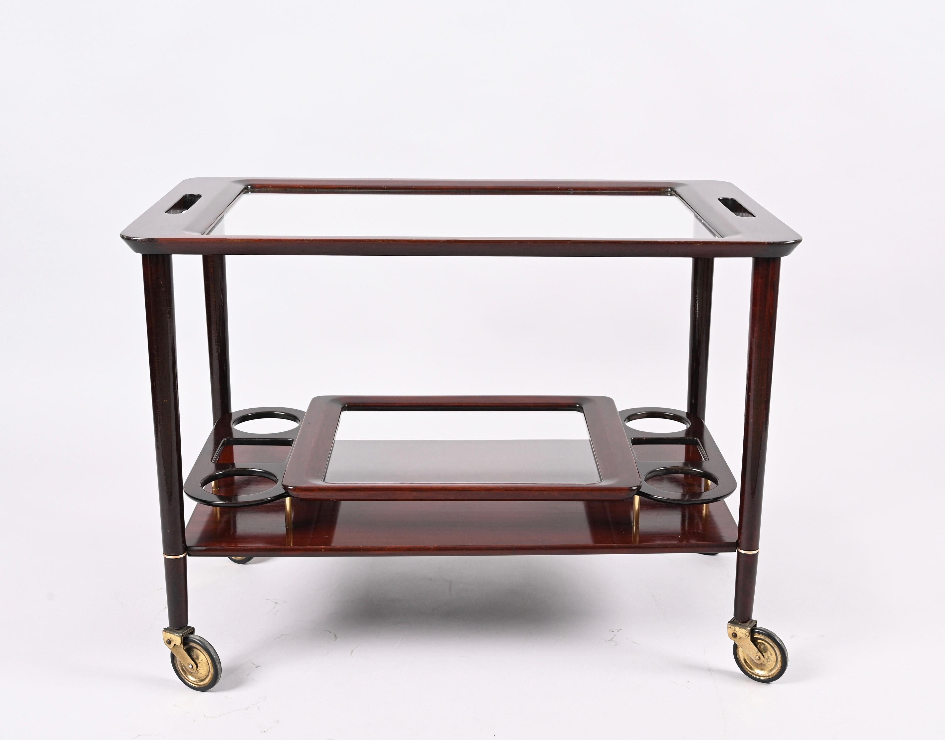 Cesare Lacca Midcentury Wood Italian Bar Cart with Glass Serving Trays, 1950s For Sale 2