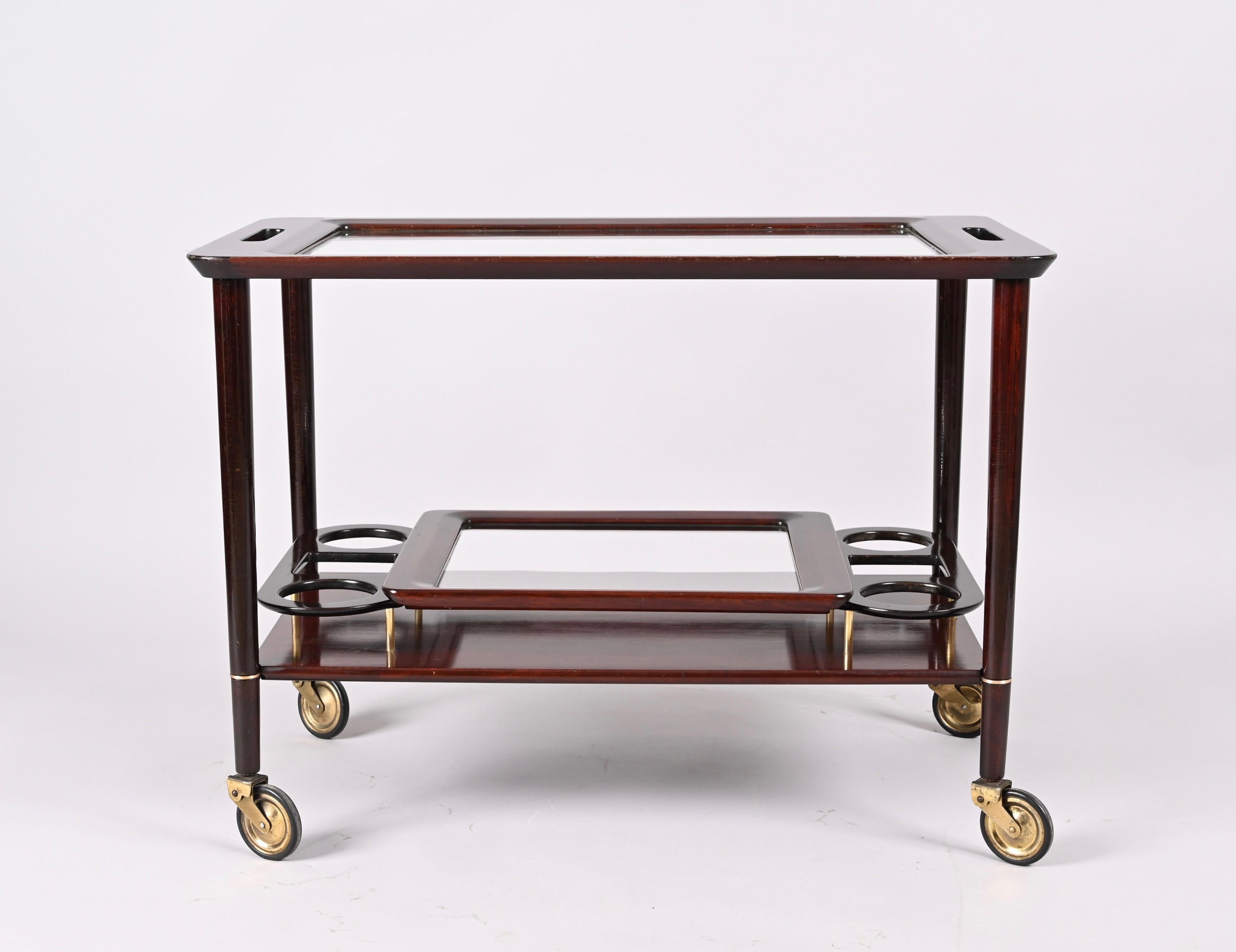 Cesare Lacca Midcentury Wood Italian Bar Cart with Glass Serving Trays, 1950s For Sale 3