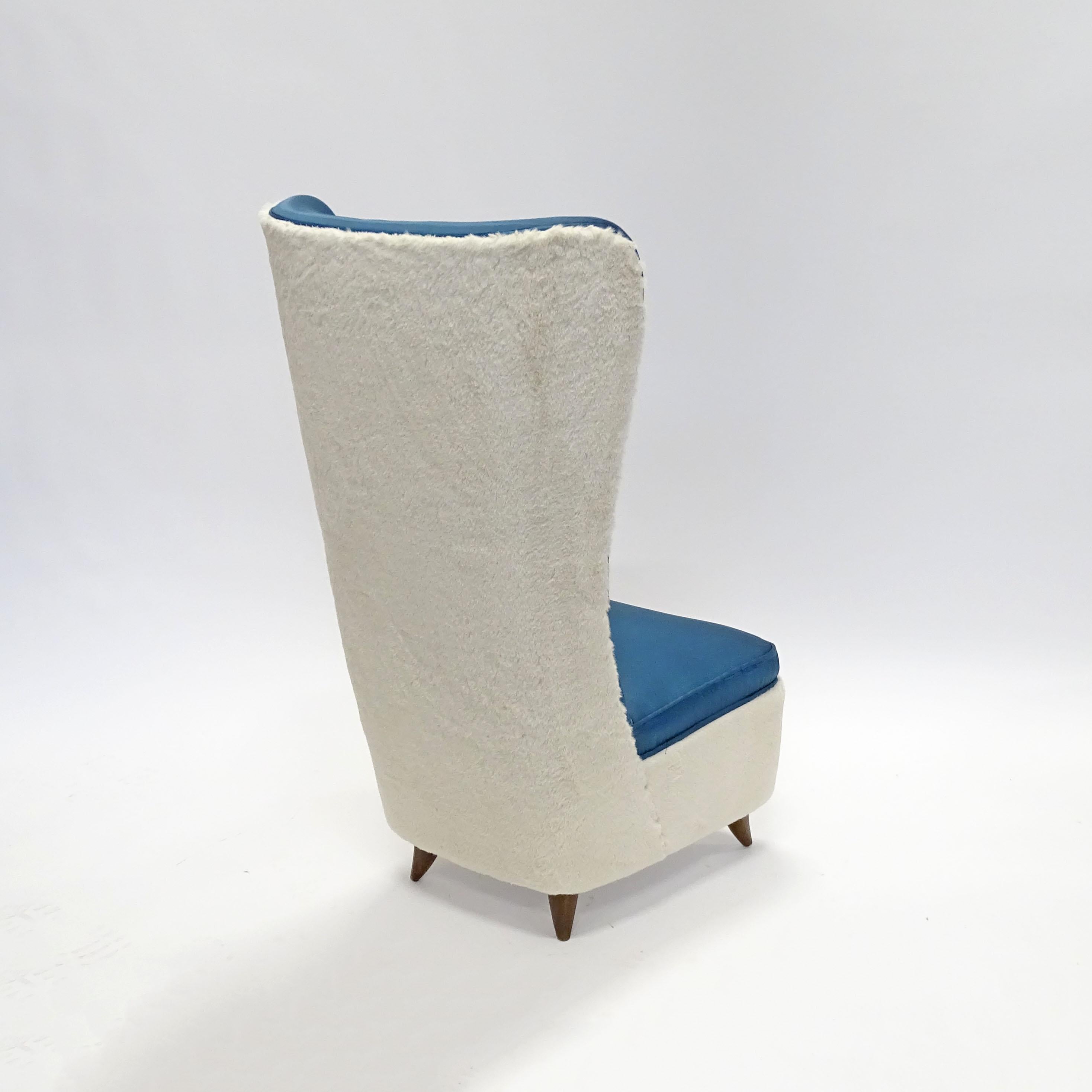 Mid-20th Century Cesare Lacca Slipper Chair in Faux fur and Dark Blue Satin, Italy, 1950s For Sale