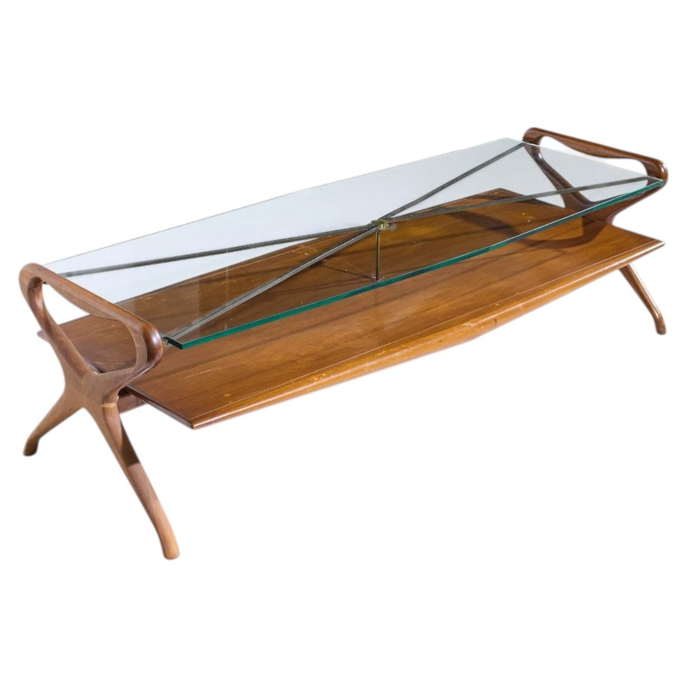 Cesare Lacca Style Mid Century Italian Walnut and Brass Coffee Table For Sale