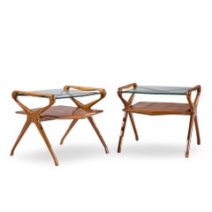 Cesare Lacca Style Mid Century Italian Walnut and Brass Side Tables - Pair