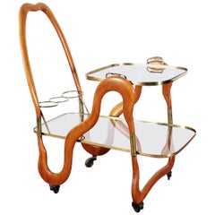 Cesare Lacca Vintage Curved Wooden Serving Bar Cart, Italy, 1950s