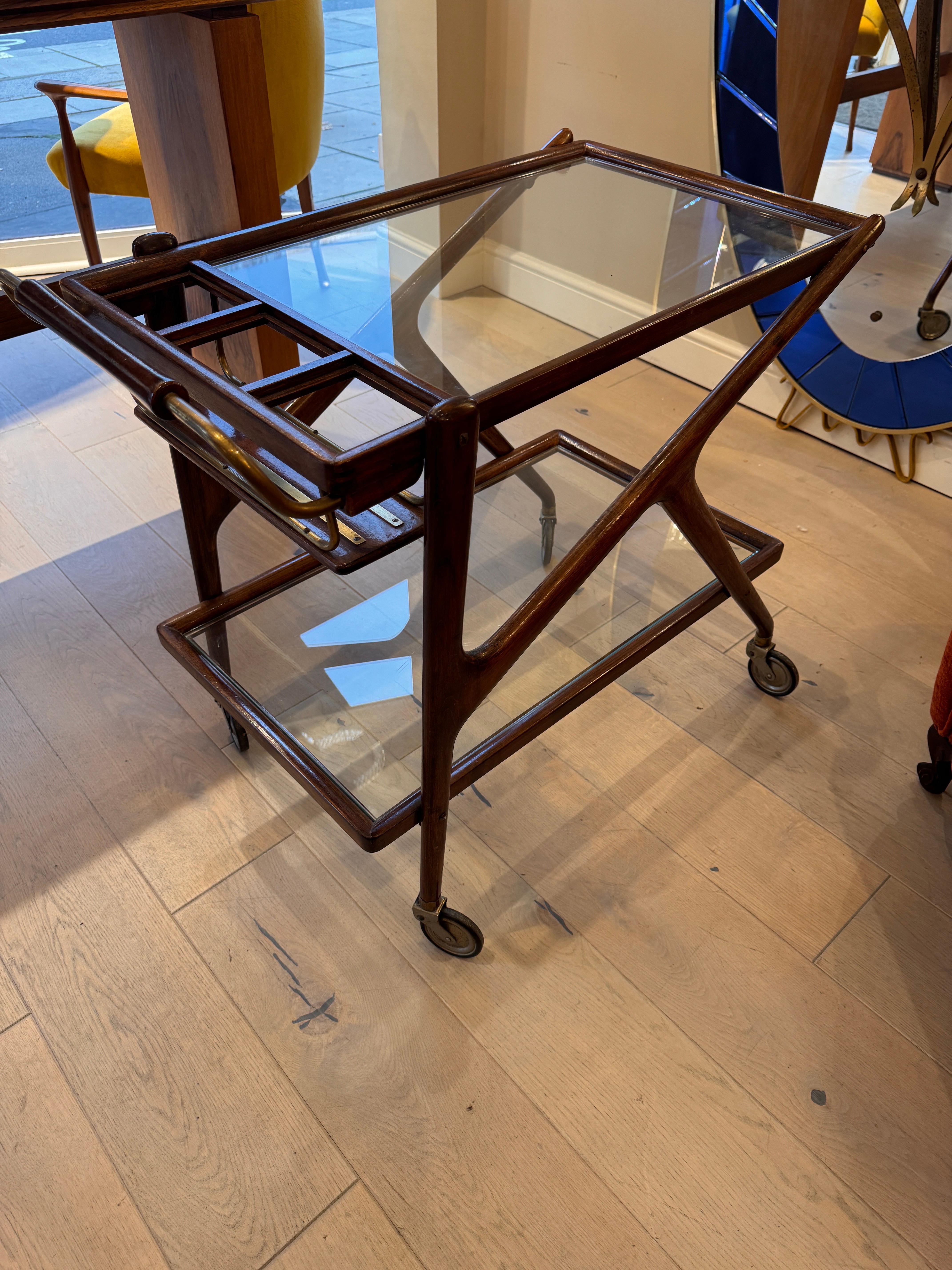 Italian Cesare Lacca walnut and brass bar cart For Sale