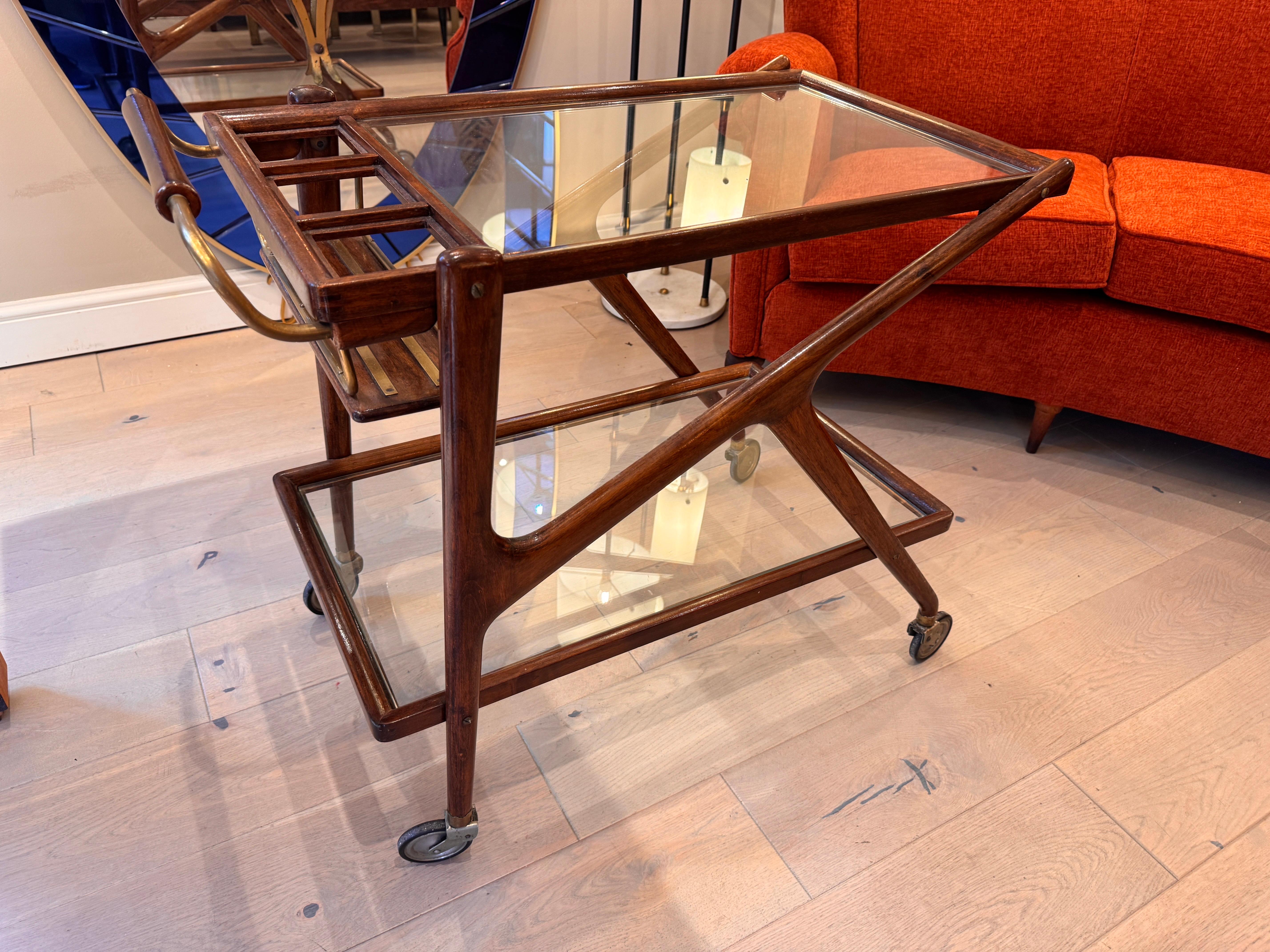 20th Century Cesare Lacca walnut and brass bar cart For Sale