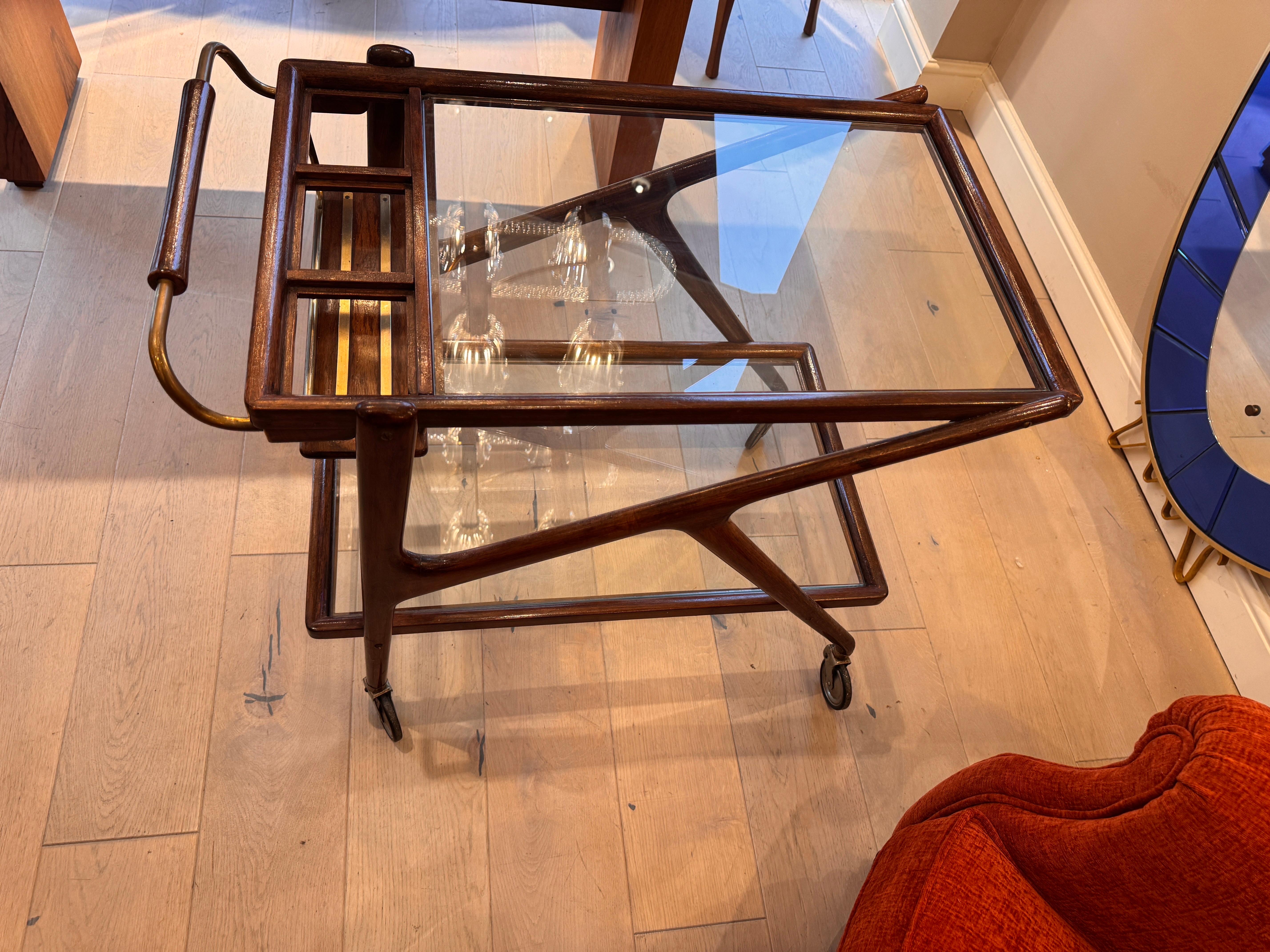 Brass Cesare Lacca walnut and brass bar cart For Sale