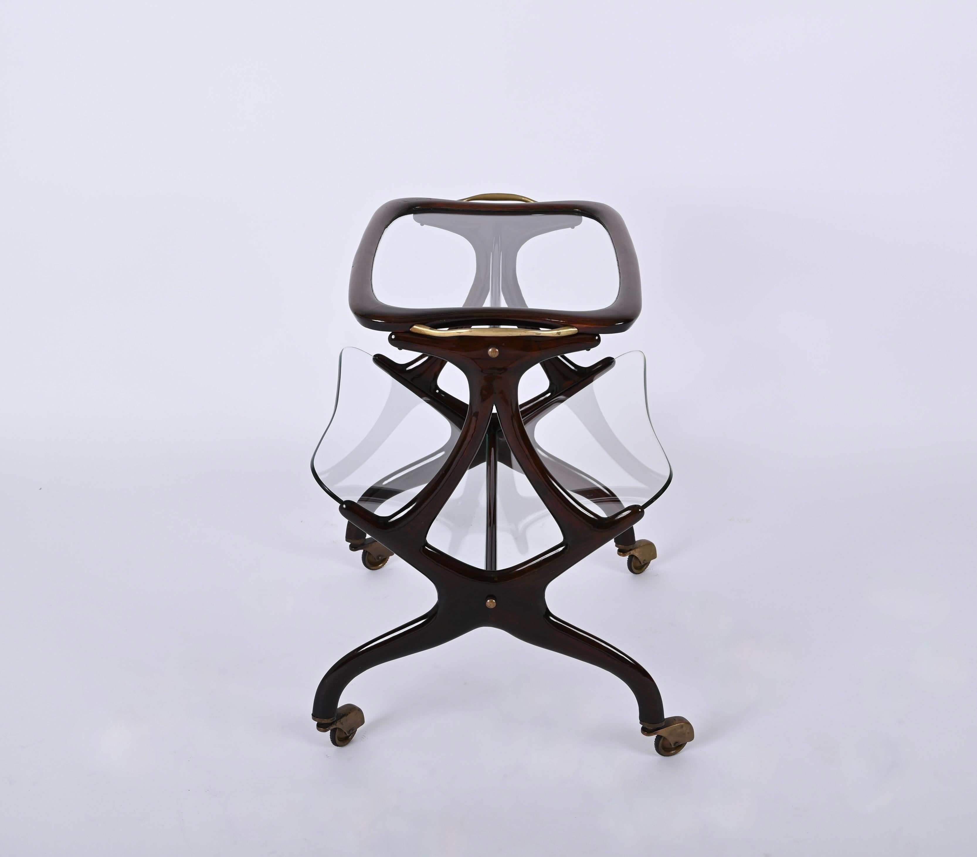 Cesare Lacca Walnut and Brass Bar Cart with Magazine Rack, Italy 1950s For Sale 3