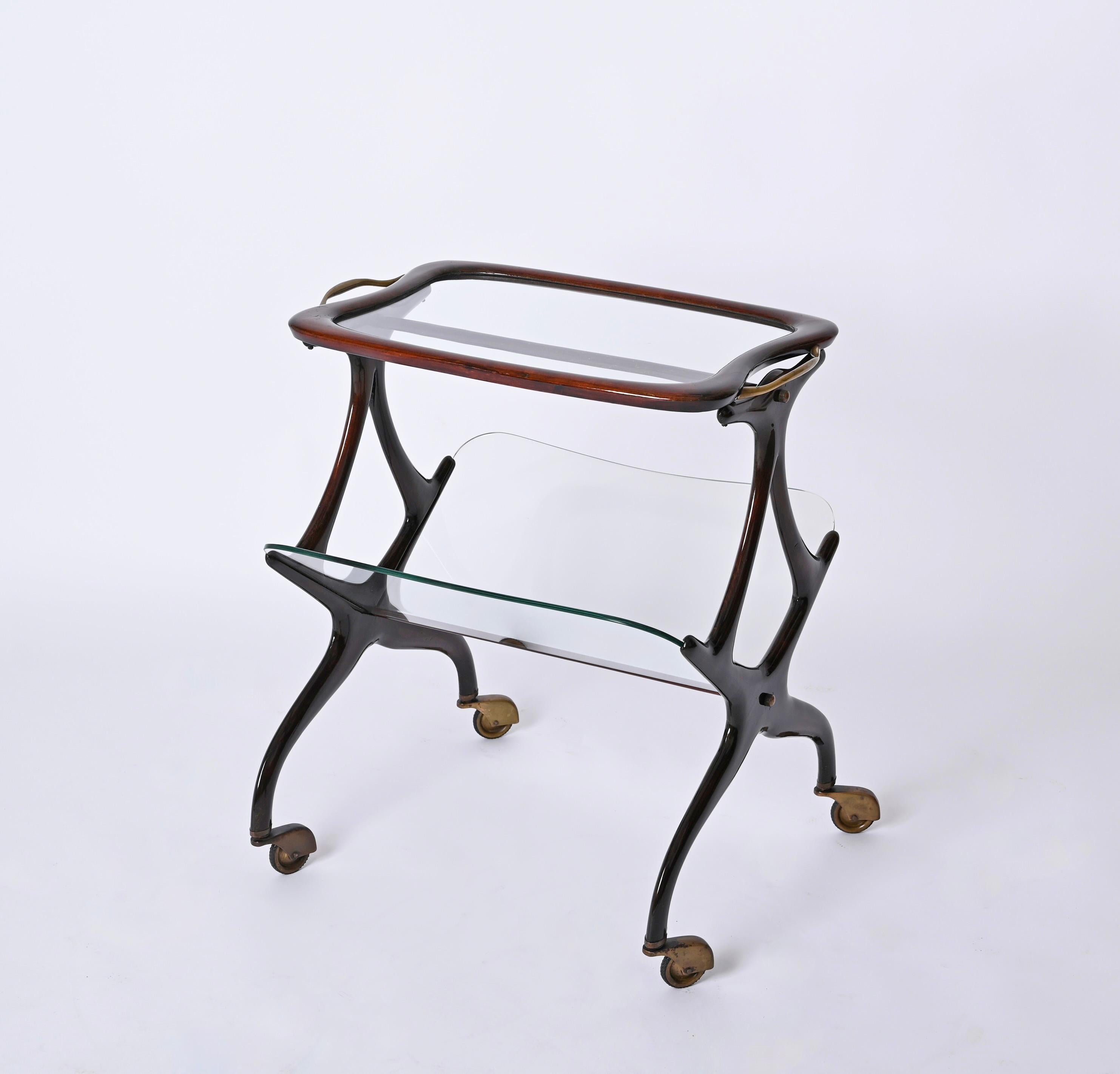 Cesare Lacca Walnut and Brass Bar Cart with Magazine Rack, Italy 1950s For Sale 4