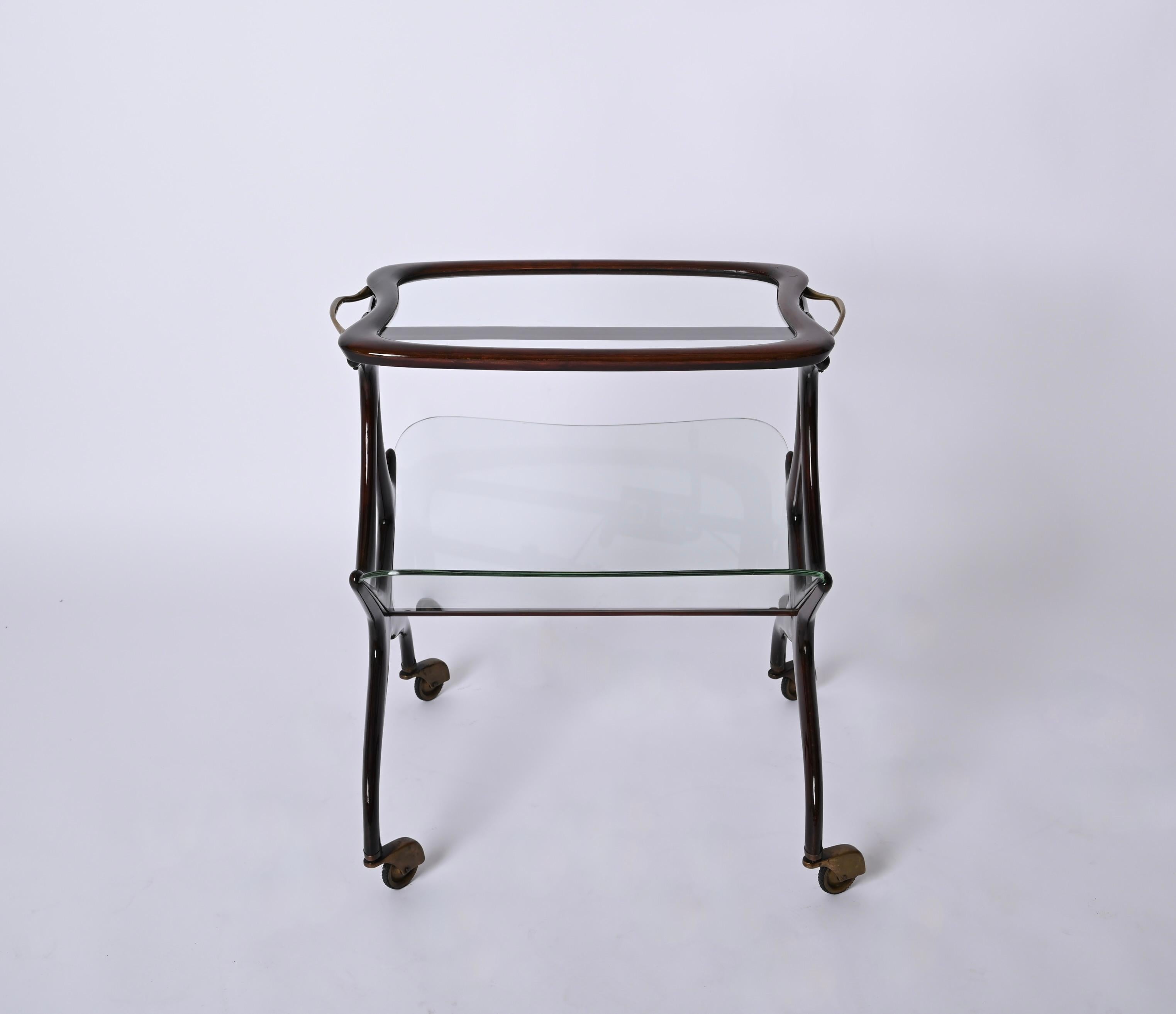 Cesare Lacca Walnut and Brass Bar Cart with Magazine Rack, Italy 1950s For Sale 5