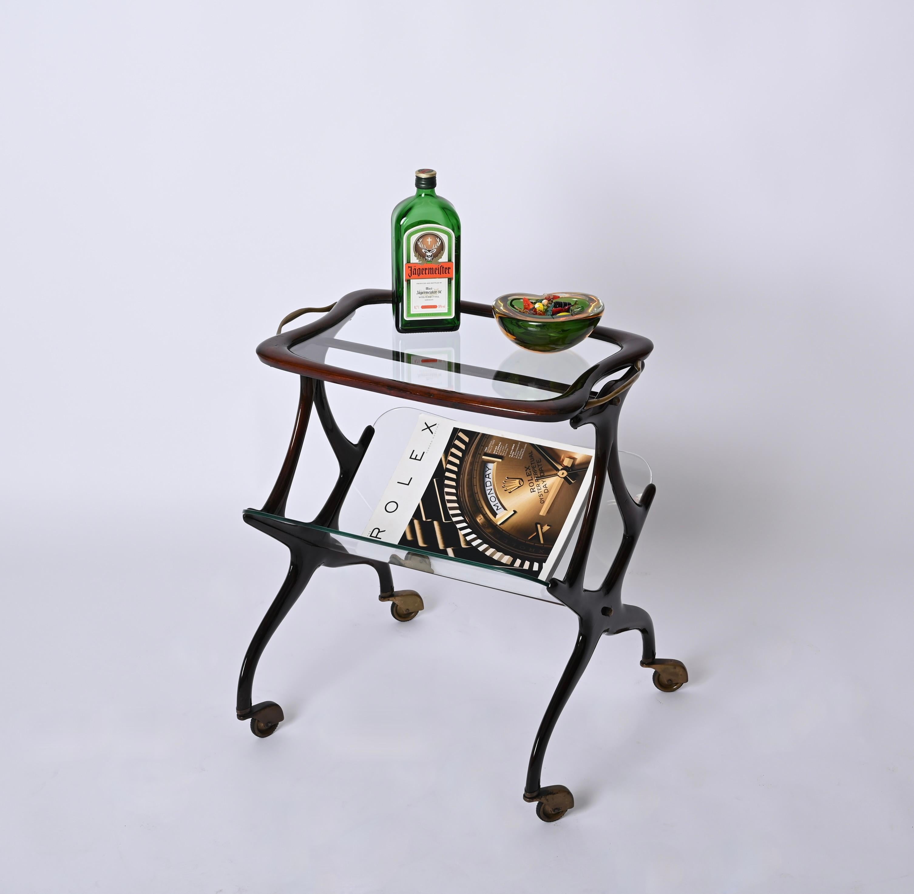 Cesare Lacca Walnut and Brass Bar Cart with Magazine Rack, Italy 1950s For Sale 6