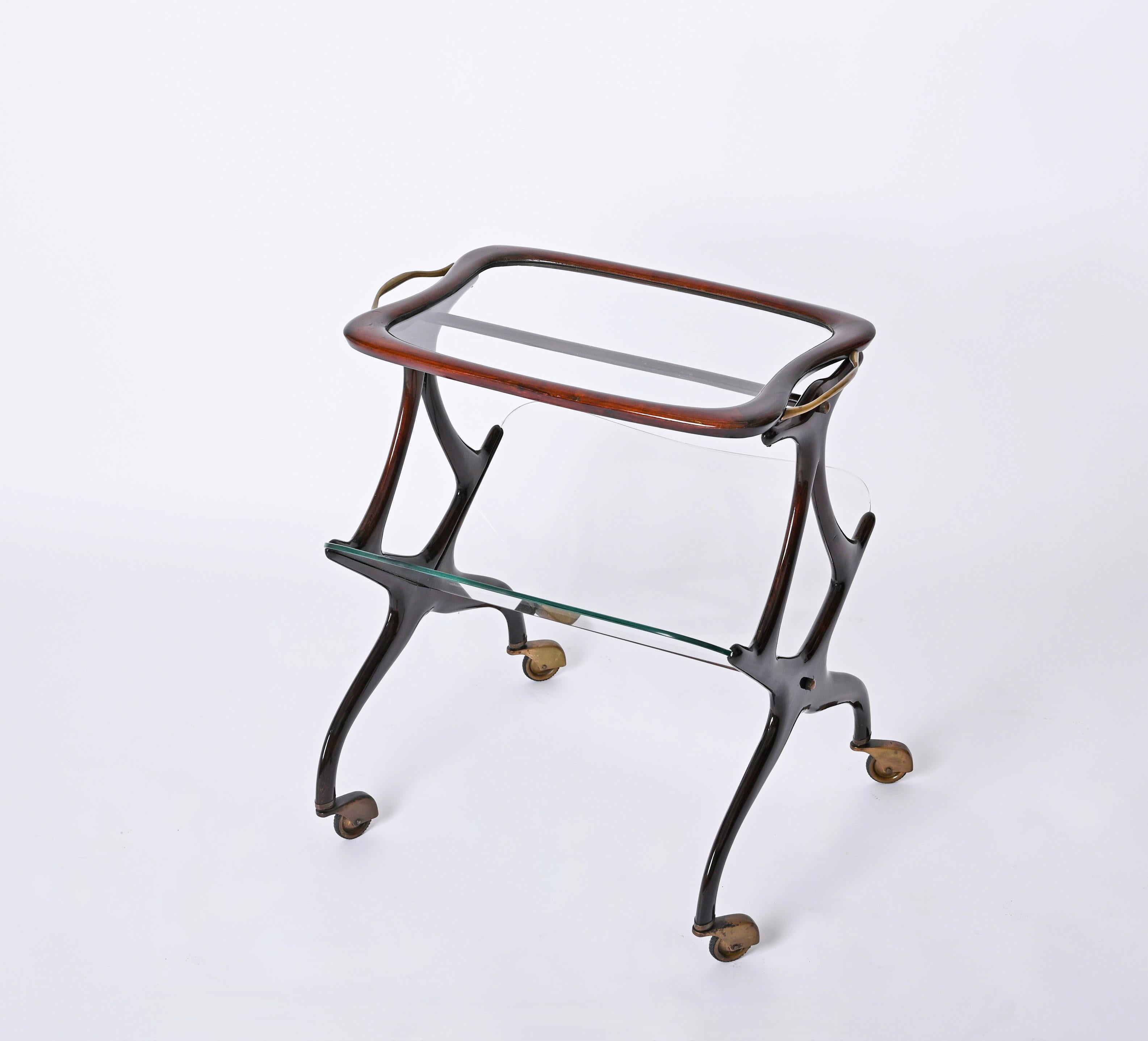 Cesare Lacca Walnut and Brass Bar Cart with Magazine Rack, Italy 1950s For Sale 8