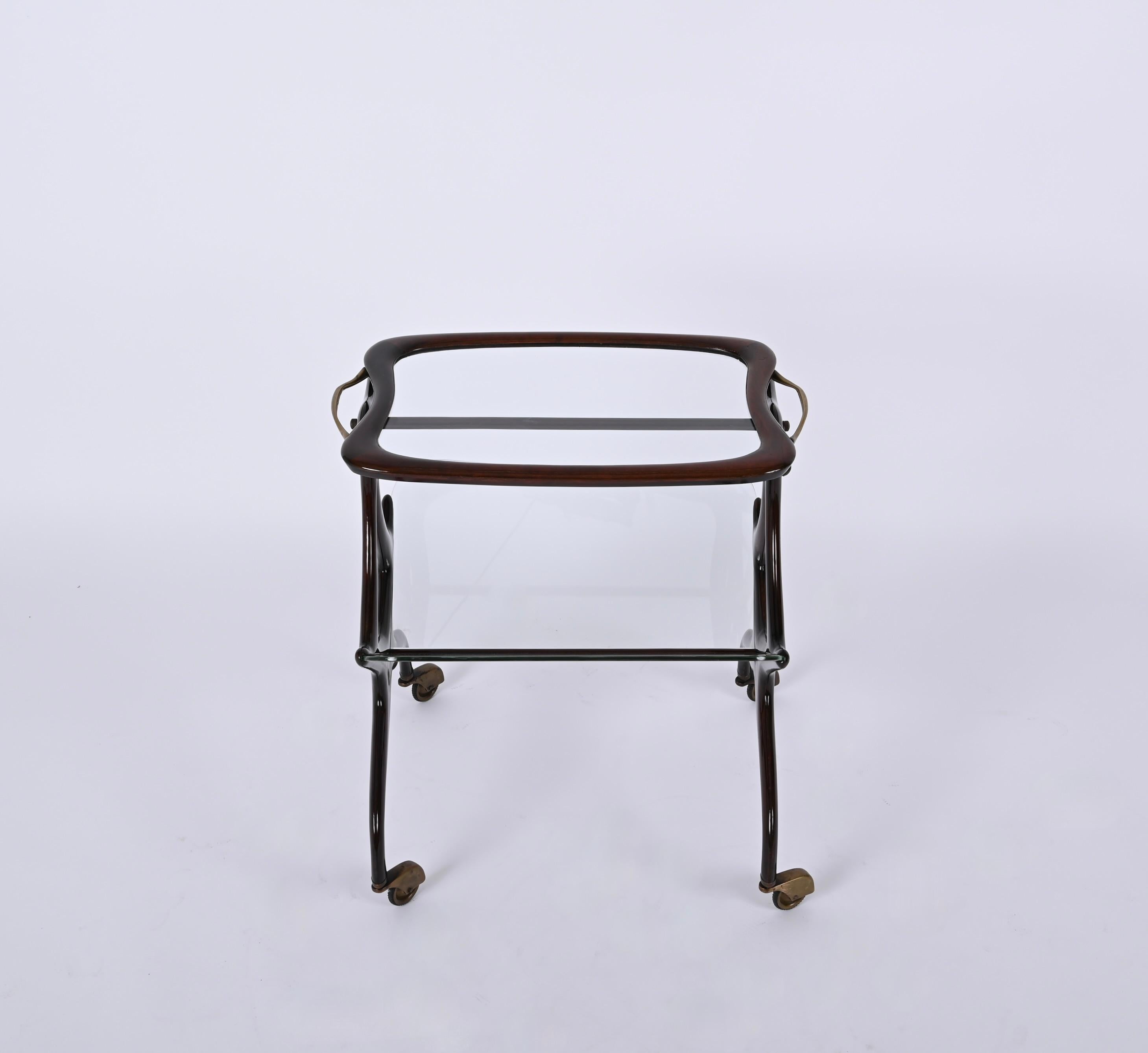 Cesare Lacca Walnut and Brass Bar Cart with Magazine Rack, Italy 1950s For Sale 9