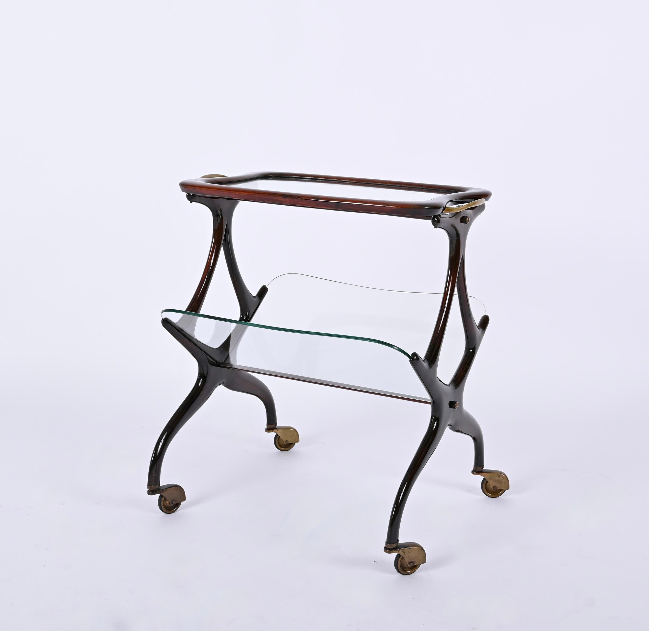 Mid-Century Modern Cesare Lacca Walnut and Brass Bar Cart with Magazine Rack, Italy 1950s For Sale