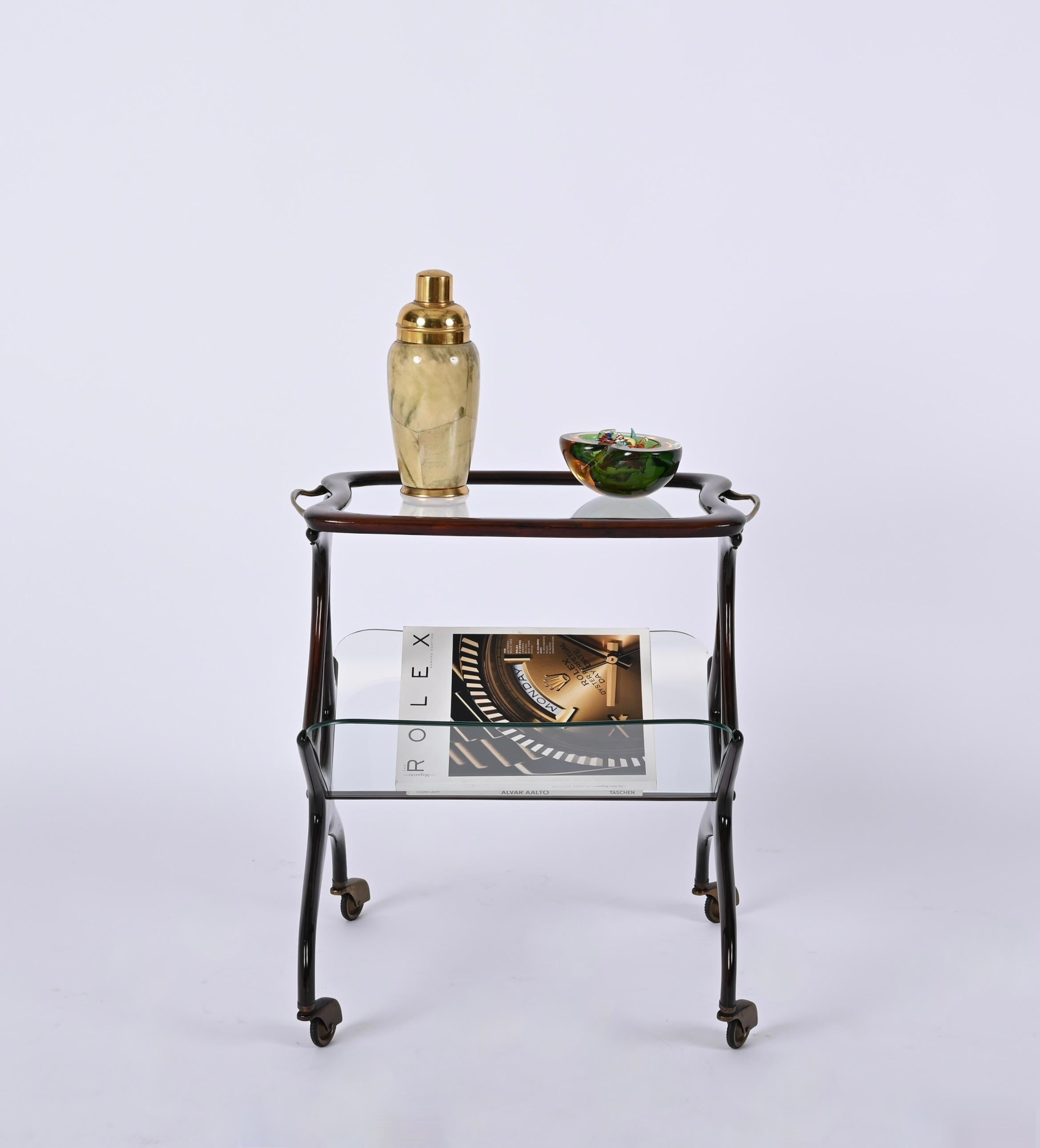 Italian Cesare Lacca Walnut and Brass Bar Cart with Magazine Rack, Italy 1950s For Sale