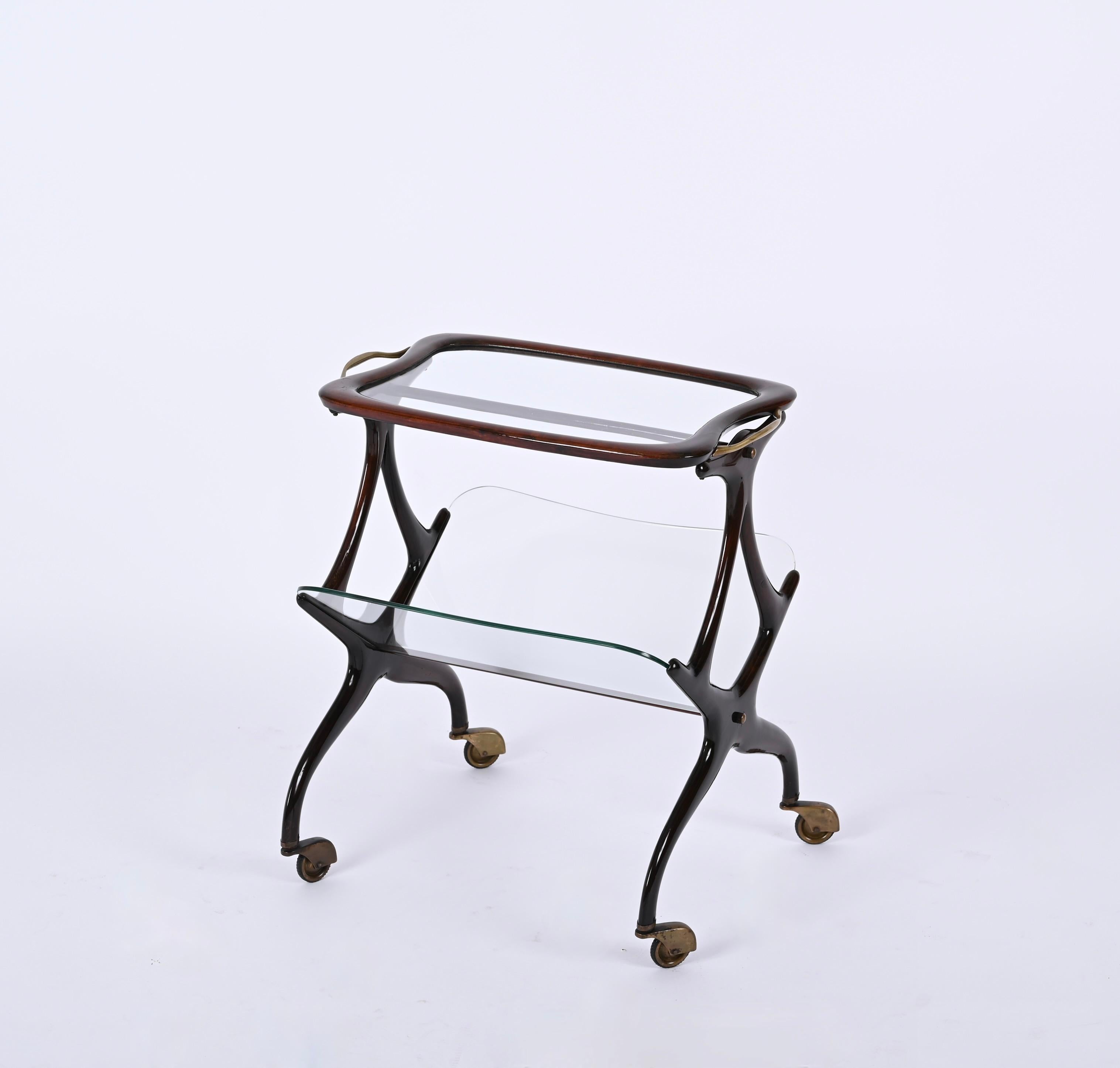 Cesare Lacca Walnut and Brass Bar Cart with Magazine Rack, Italy 1950s For Sale 1