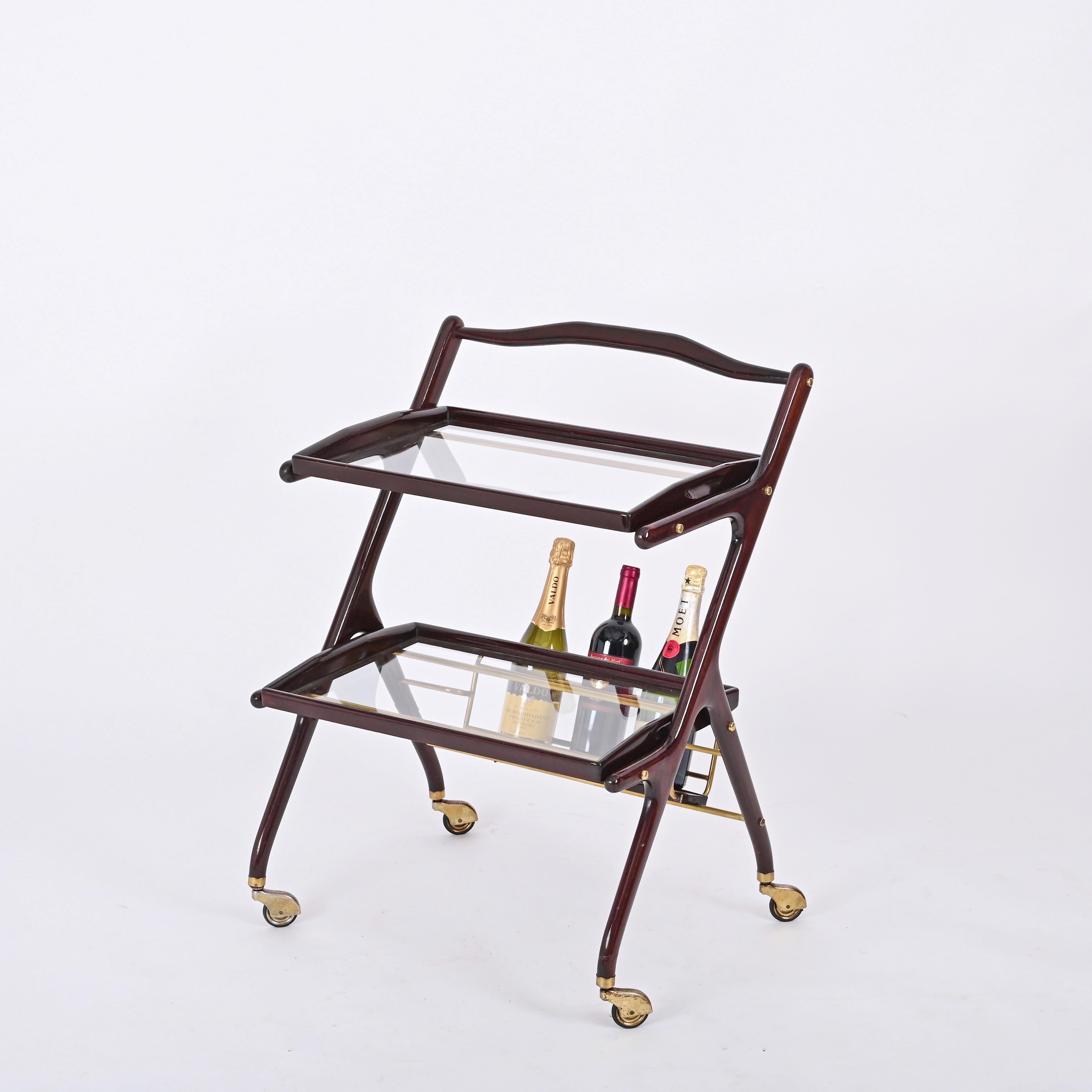 Cesare Lacca Walnut, Brass and Glass Bar Cart with Bottle Holder, Italy 1950s For Sale 6