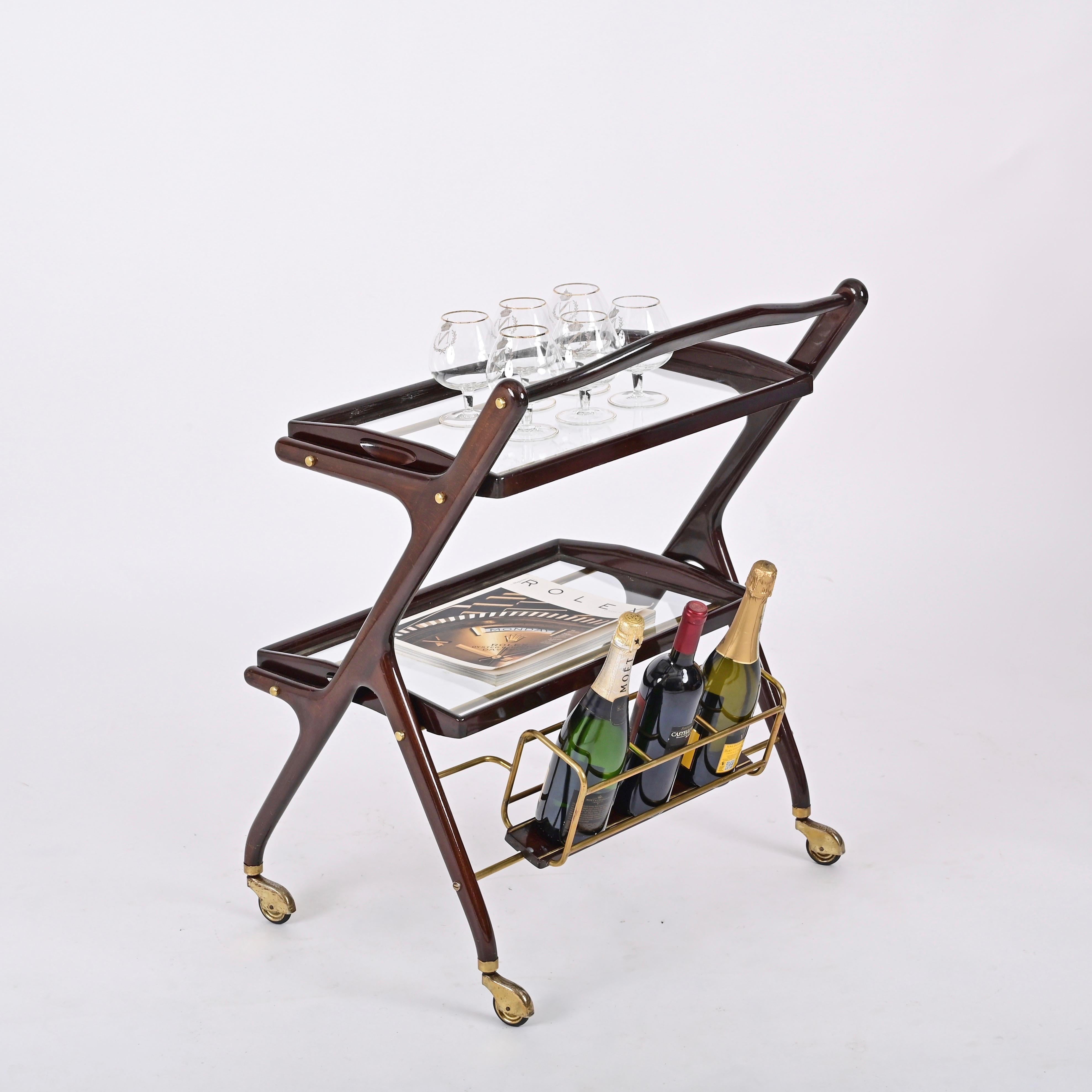 Italian Cesare Lacca Walnut, Brass and Glass Bar Cart with Bottle Holder, Italy 1950s For Sale