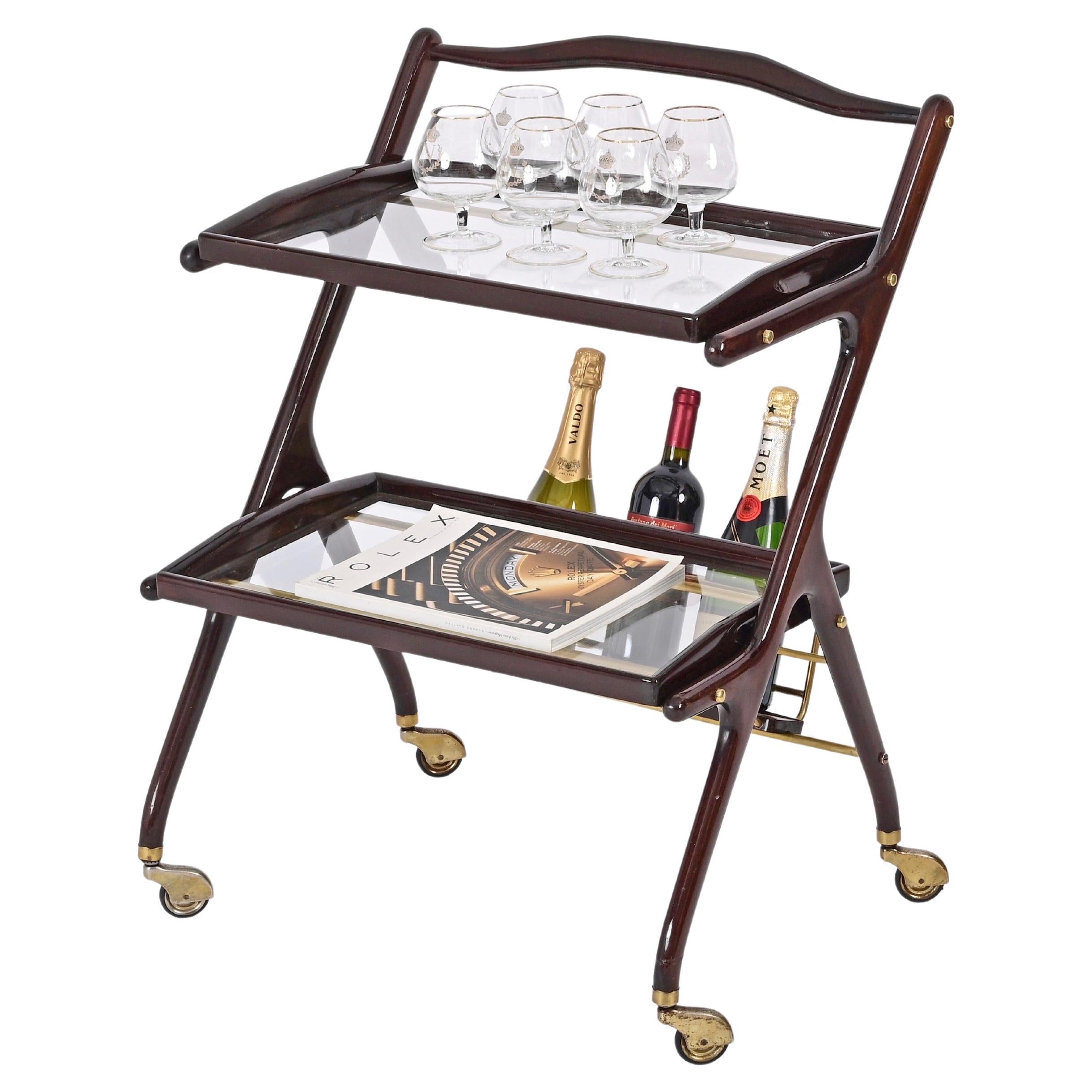 Cesare Lacca Walnut, Brass and Glass Bar Cart with Bottle Holder, Italy 1950s