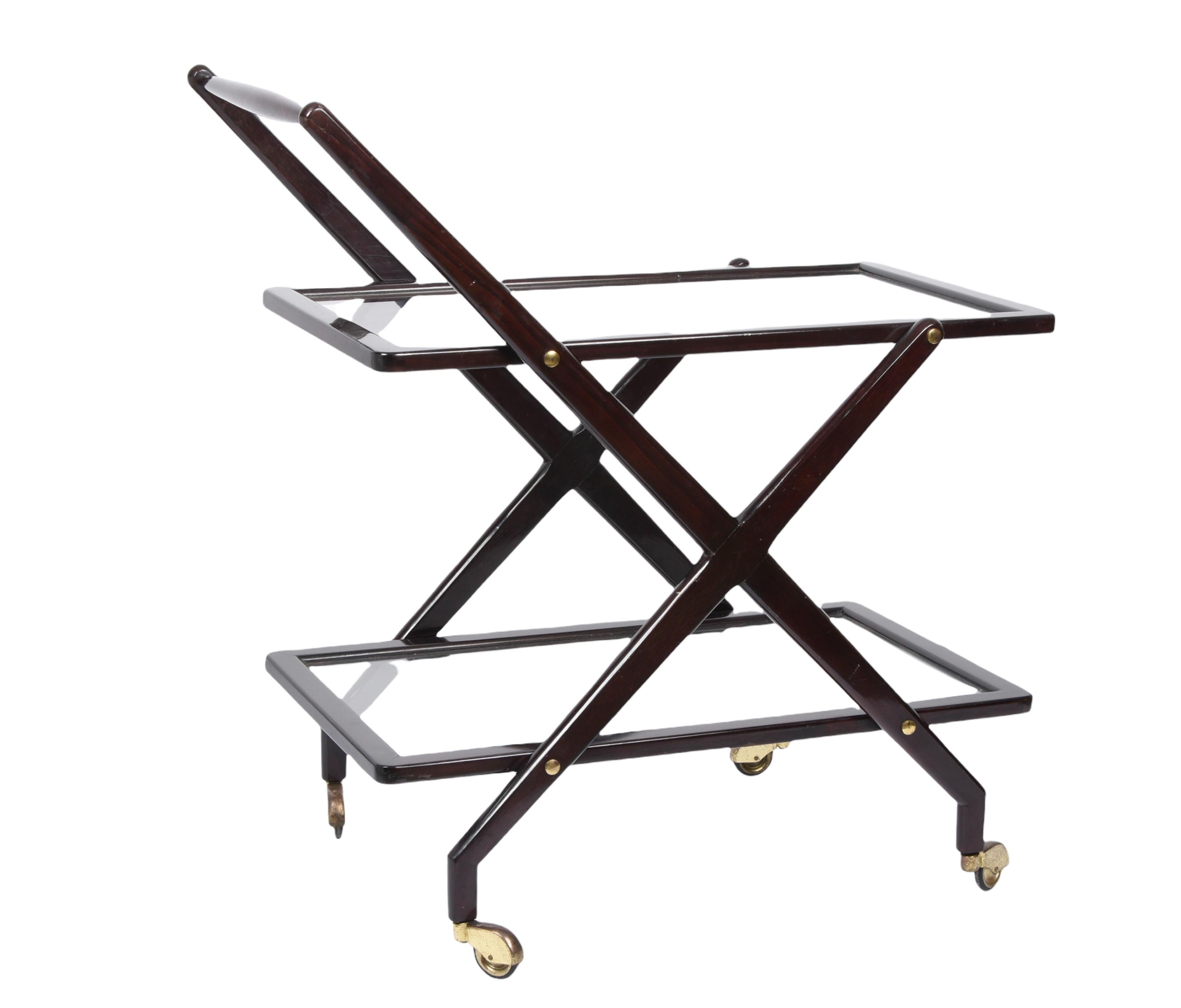 Cesare Lacca Walnut, Brass and Glass Midcentury Italian Serving Bar Cart, 1950s 4