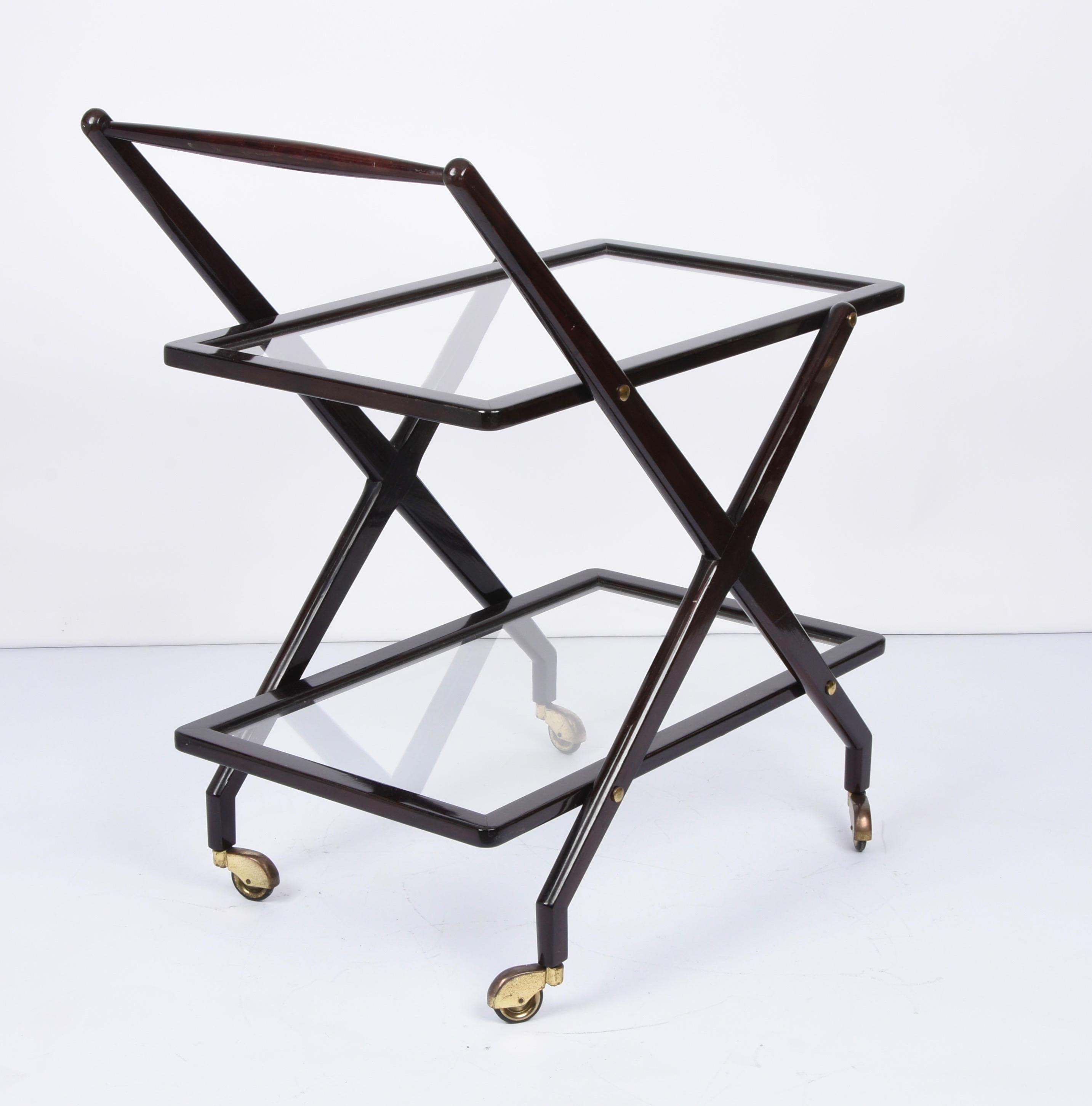 Cesare Lacca Walnut, Brass and Glass Midcentury Italian Serving Bar Cart, 1950s 5