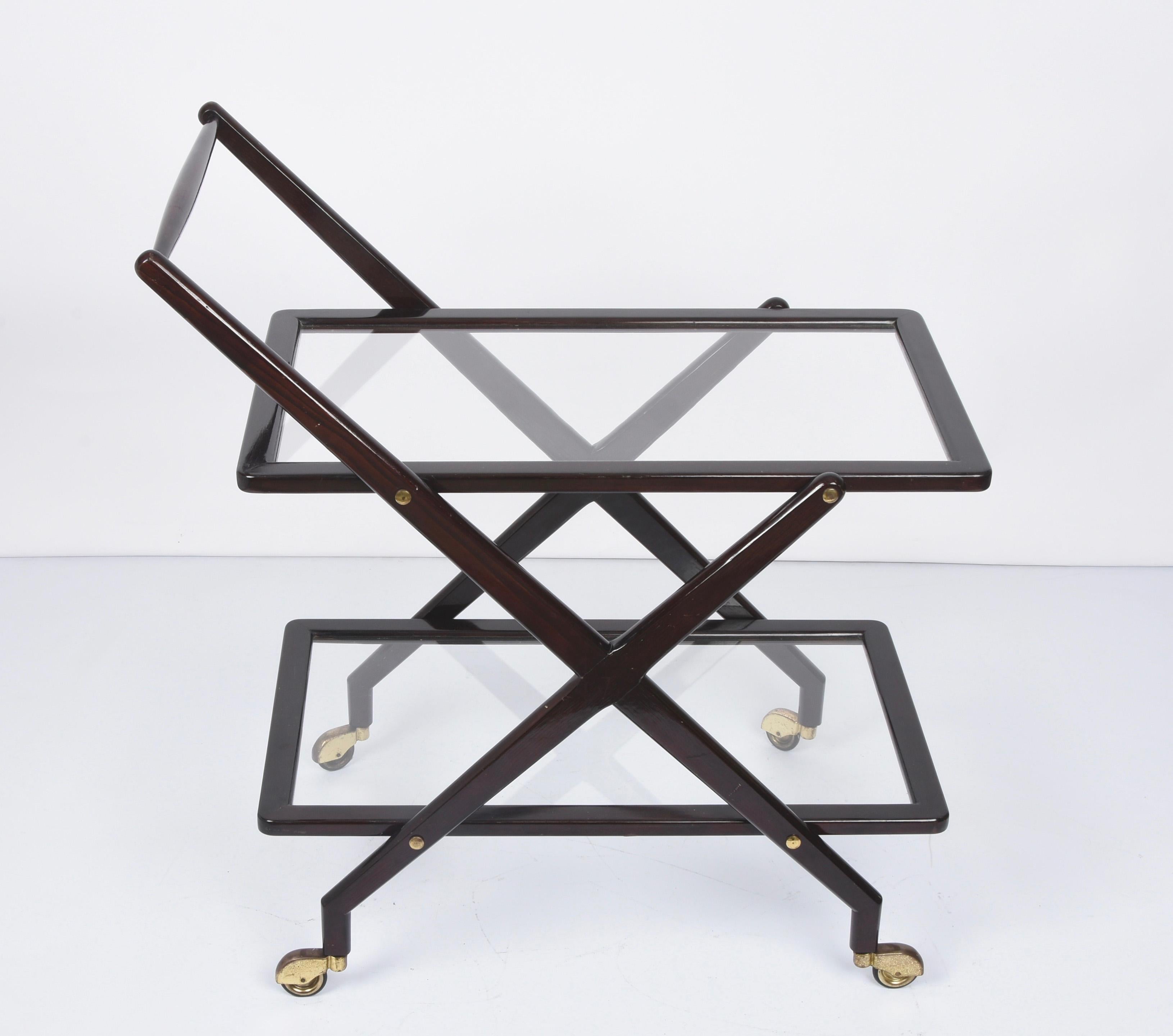 Cesare Lacca Walnut, Brass and Glass Midcentury Italian Serving Bar Cart, 1950s 7