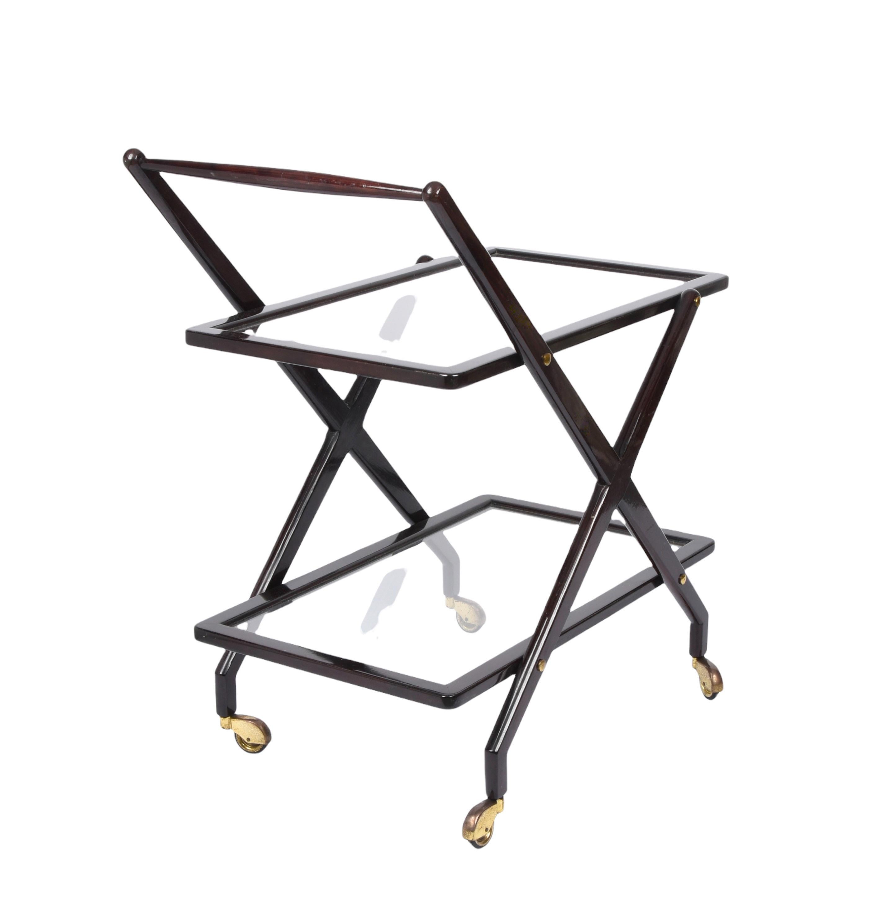 Cesare Lacca Walnut, Brass and Glass Midcentury Italian Serving Bar Cart, 1950s 8